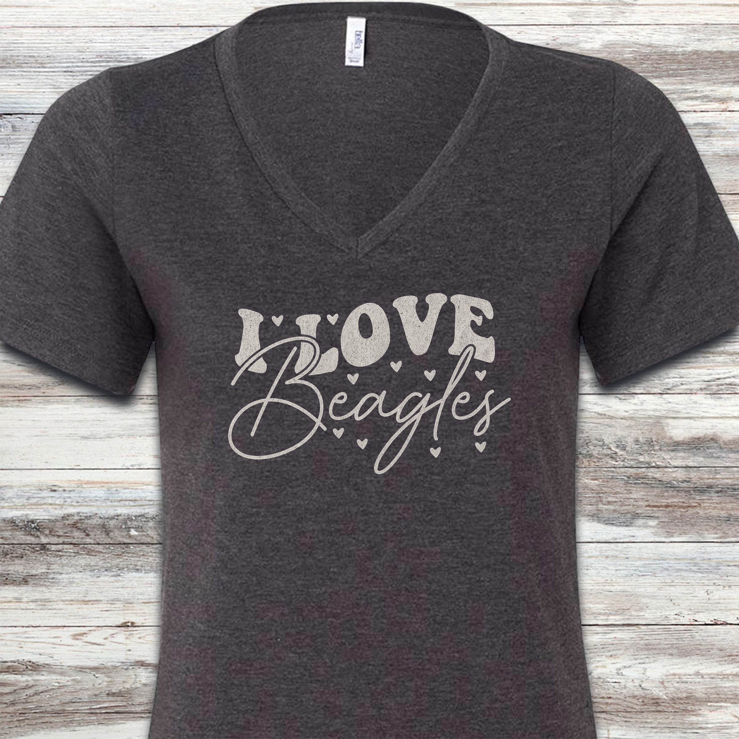 I Love Beagles V-Neck Tee - Dark Grey Heather