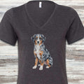 Australian Shepherd Puppy Watercolor V-Neck Tee - Dark Grey Heather
