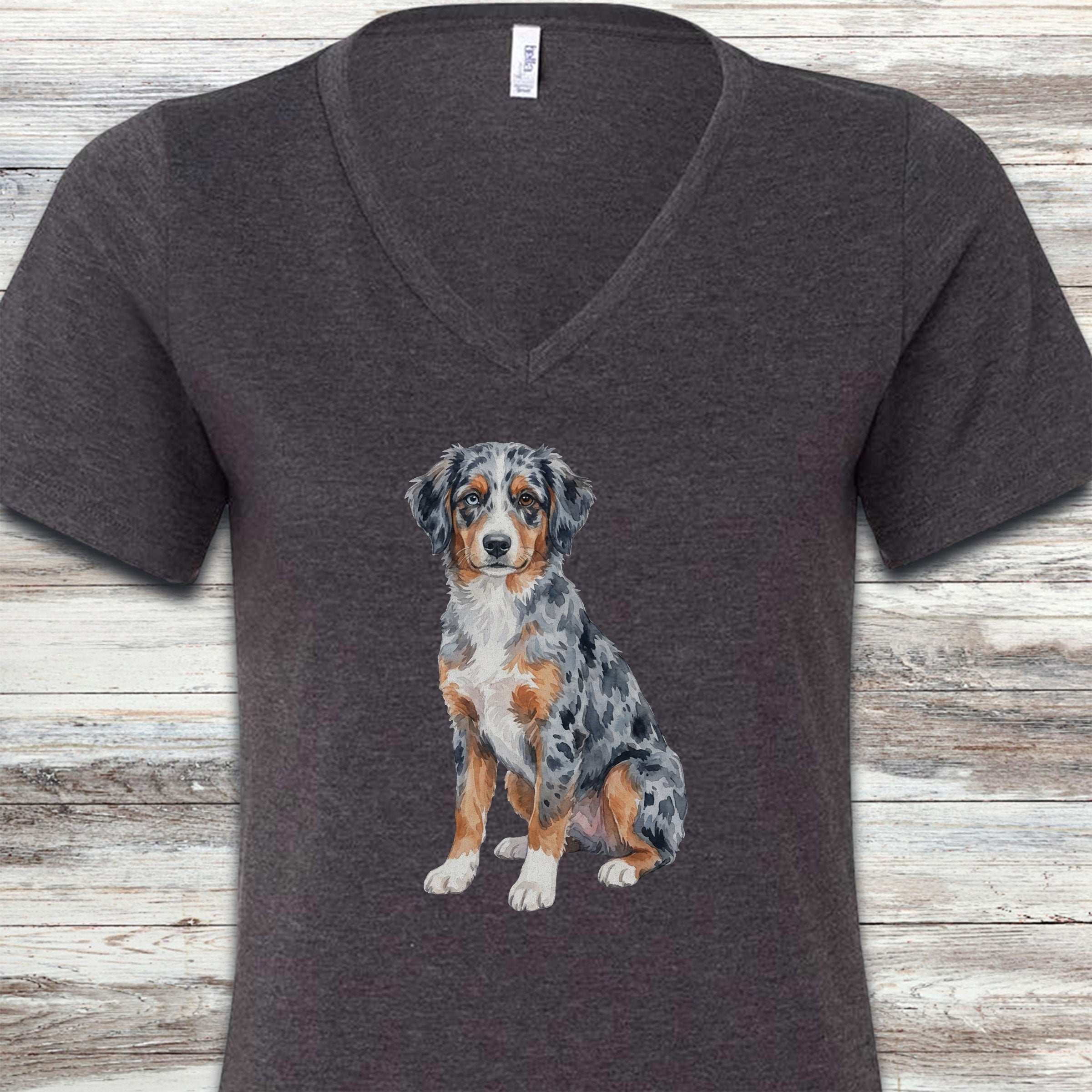 Australian Shepherd Puppy Watercolor V-Neck Tee - Dark Grey Heather