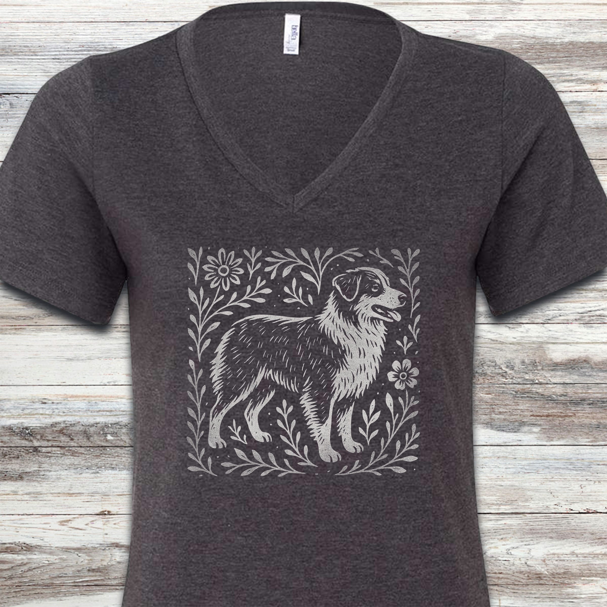 Australian Shepherd Linocut V-Neck Tee - Dark Grey Heather