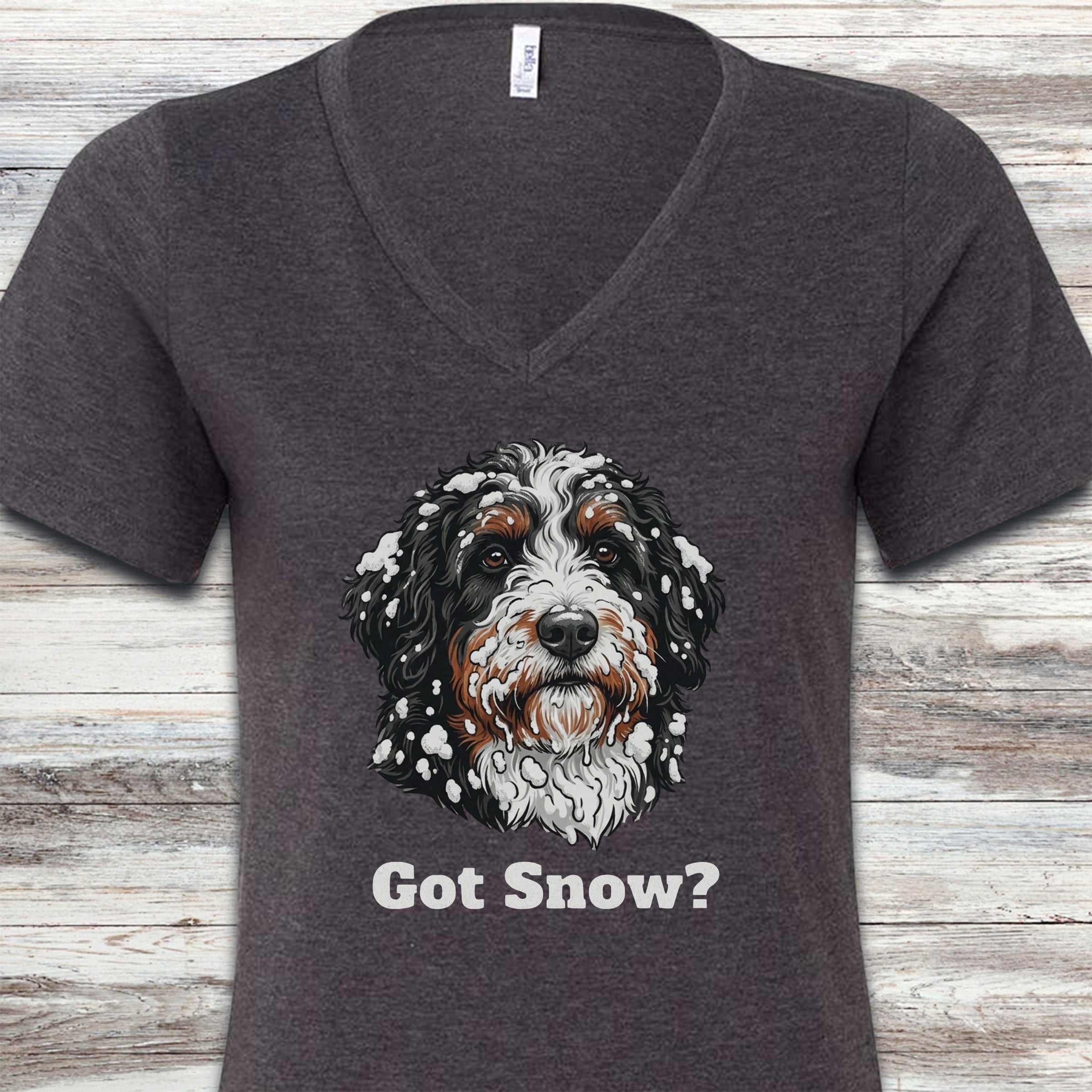 Bernedoodle Got Snow V-Neck Tee - Dark Grey Heather
