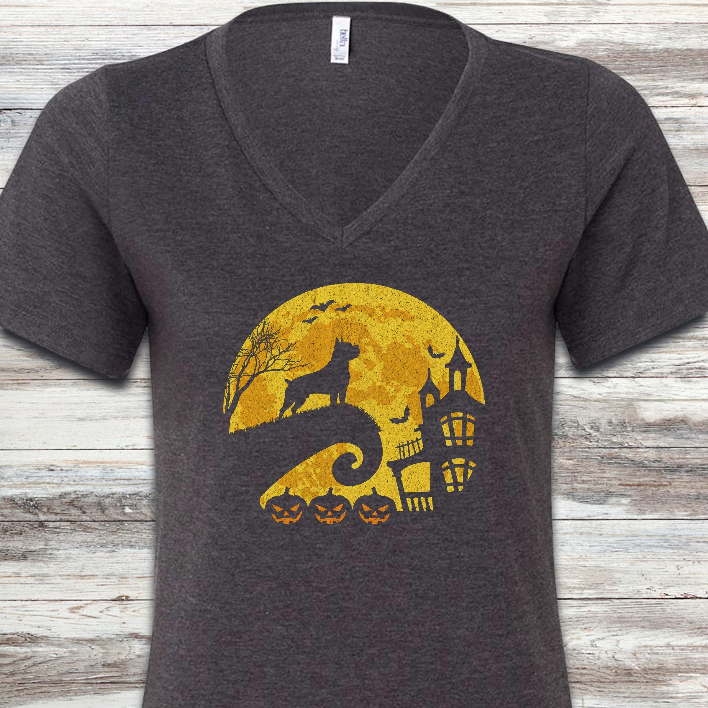 Cane Corso Halloween Moon V-Neck Tee - Dark Grey Heather
