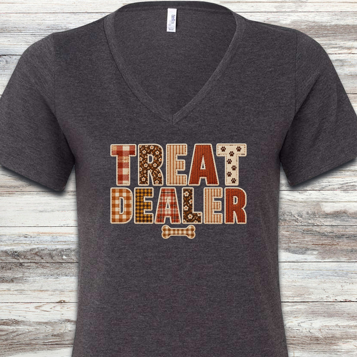 Treat Dealer Fall Faux Patchwork V-Neck Tee - Dark Grey Heather