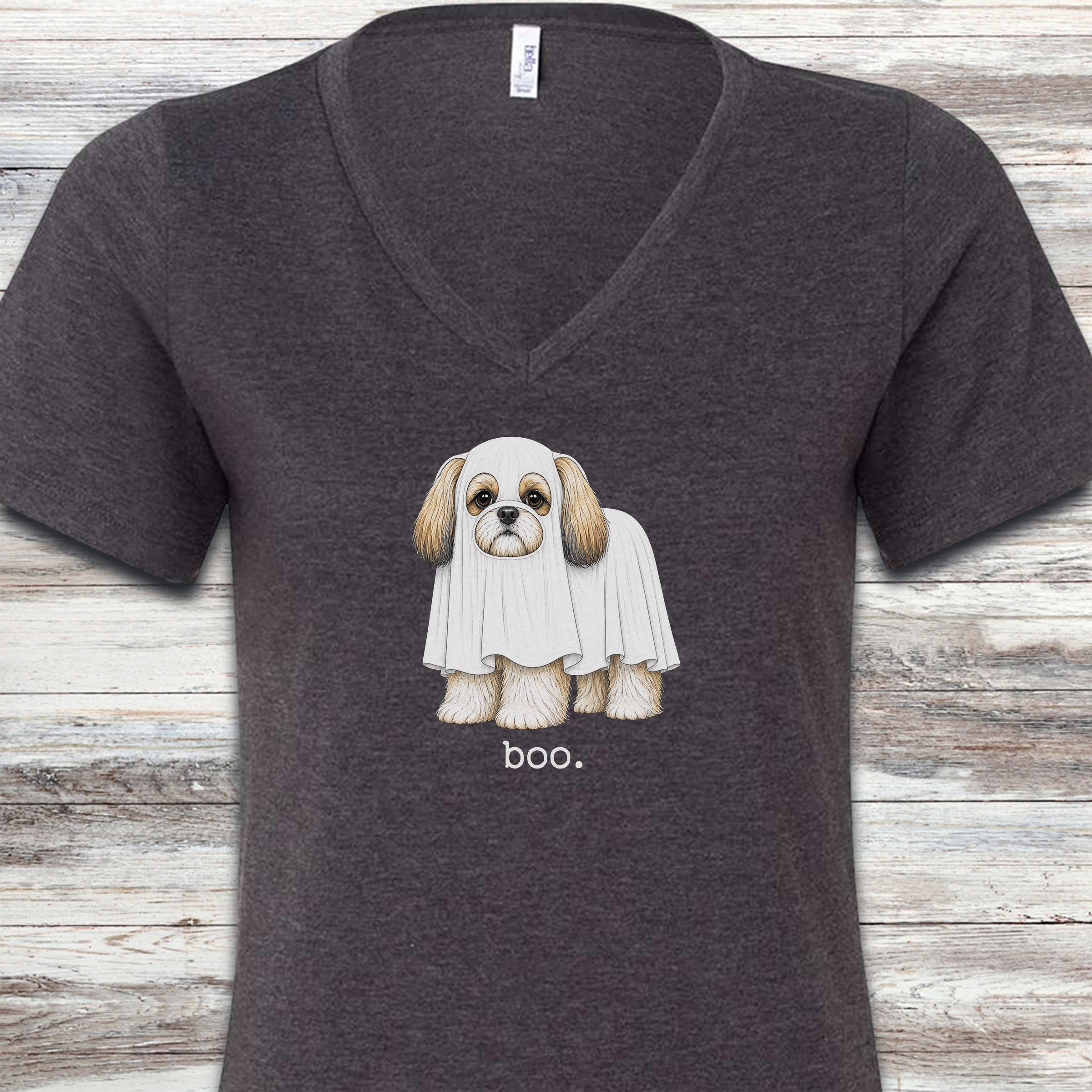 Shih Tzu Boo V-Neck Tee - Dark Grey Heather