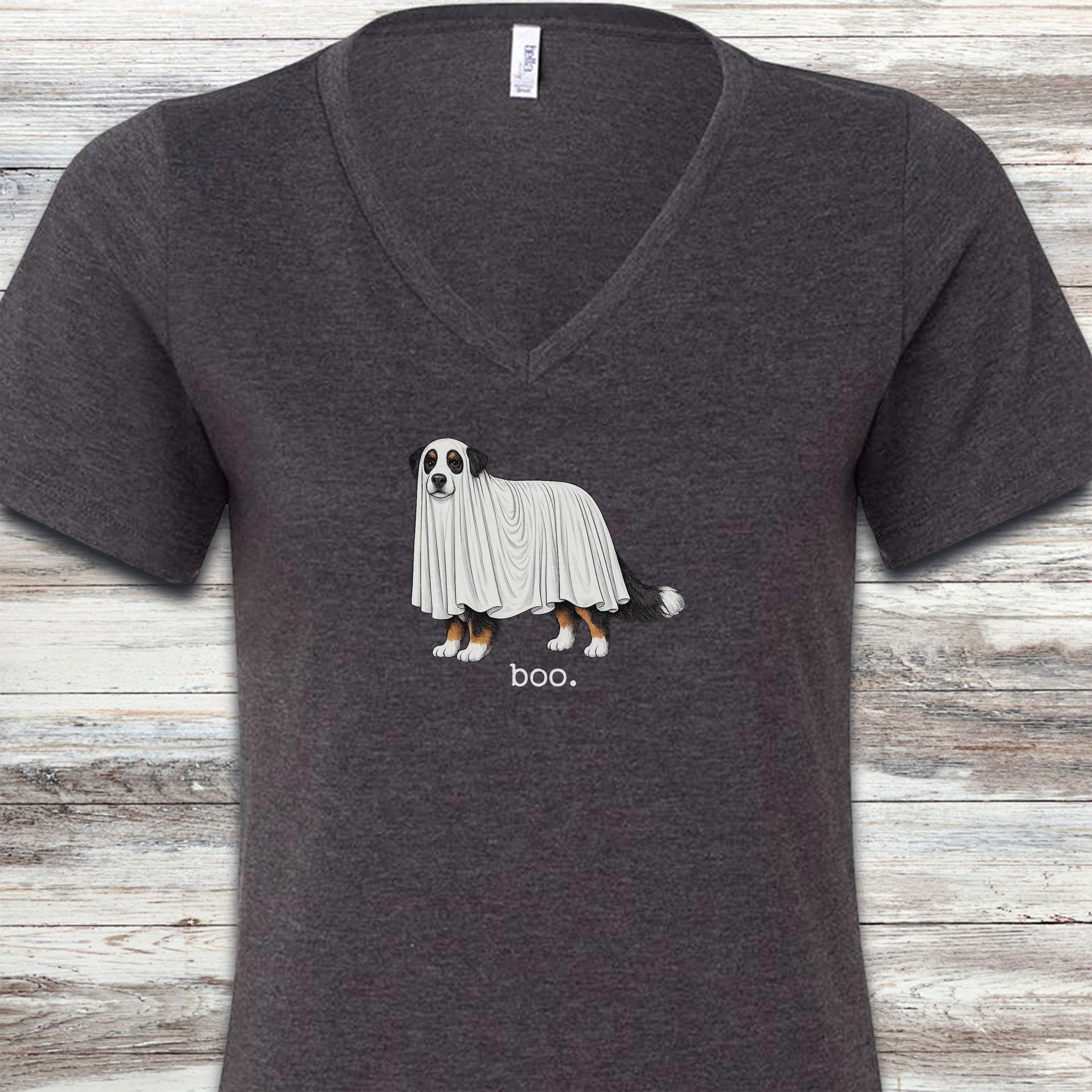 Bernese Mountain Dog Boo V-Neck Tee - Dark Grey Heather
