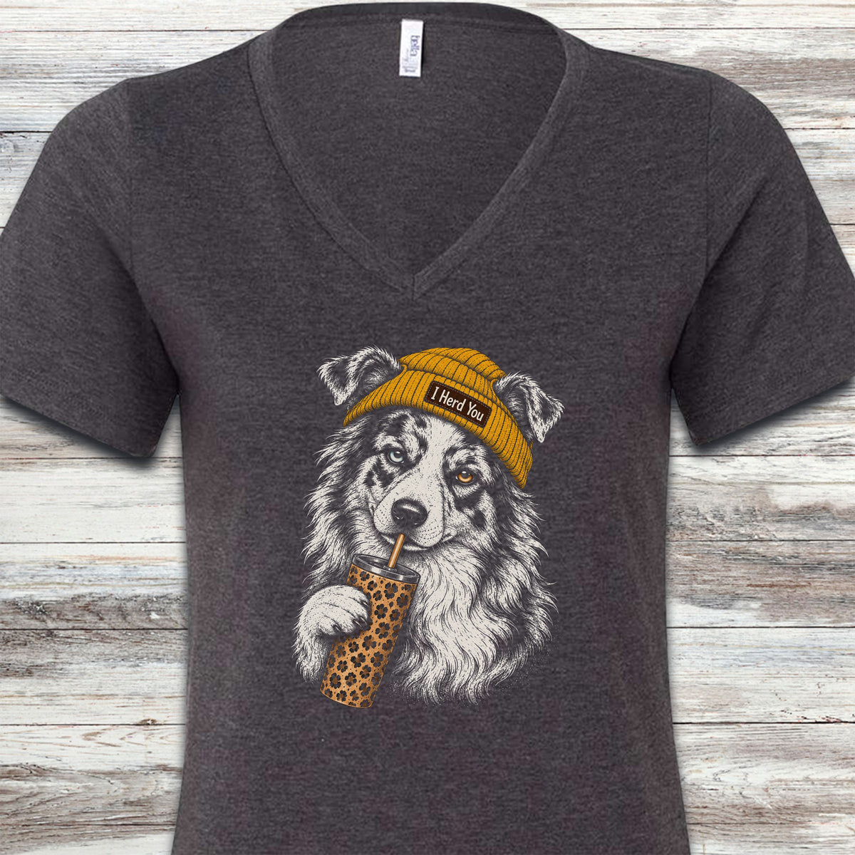 Australian Shepherd Herd You Beanie V-Neck Tee - Dark Grey Heather