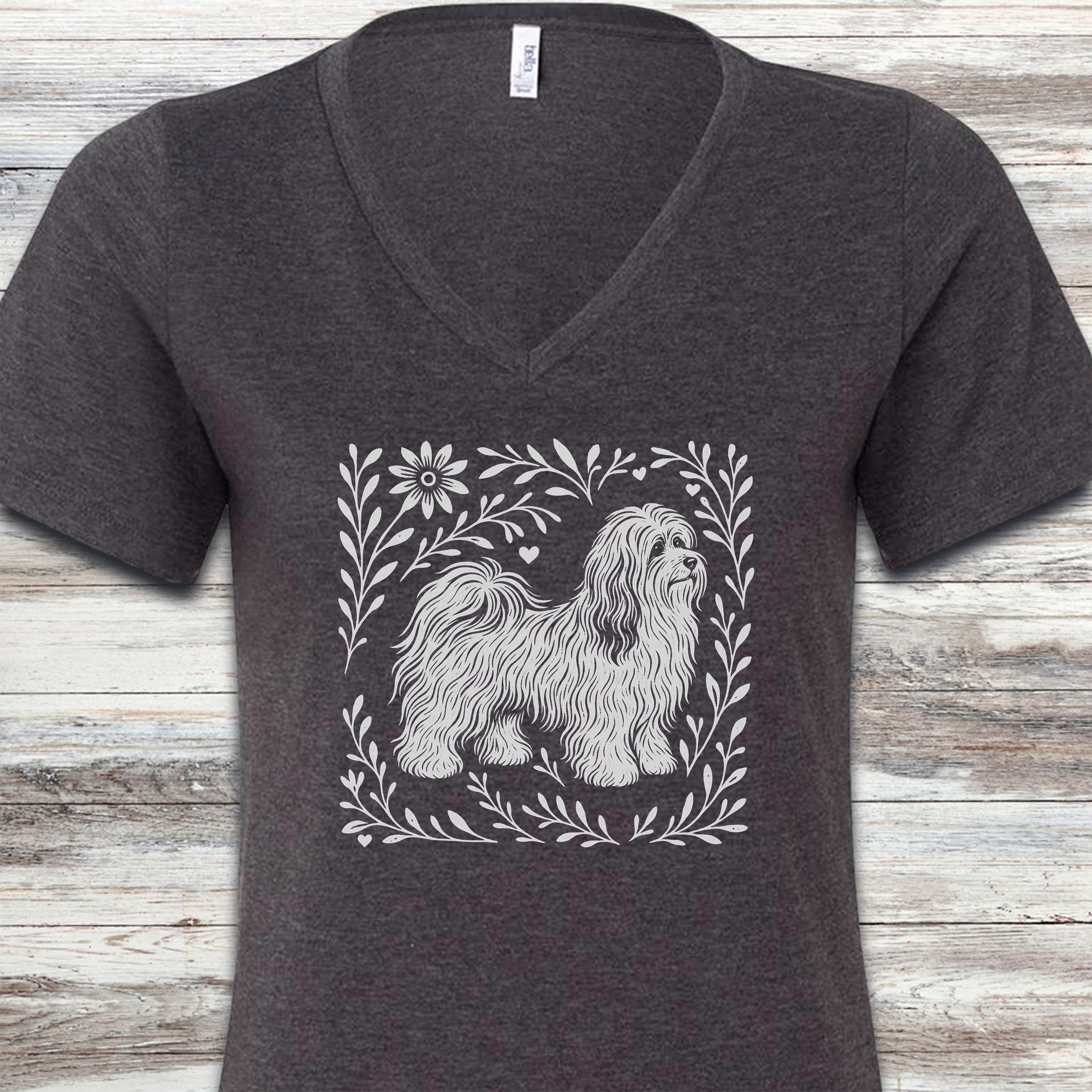 Havanese Linocut V-Neck Tee - Dark Grey Heather