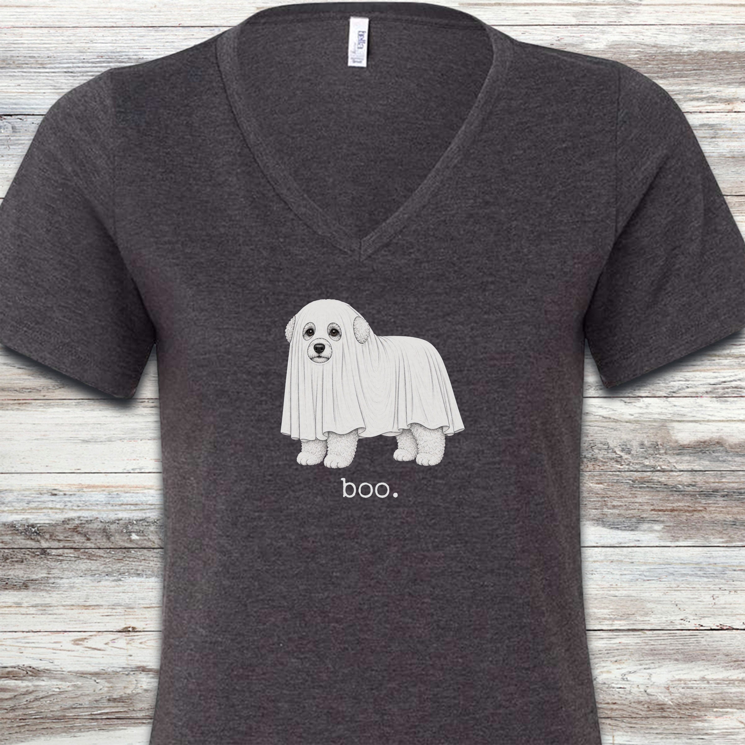 Bichon Frise Boo V-Neck Tee - Dark Grey Heather