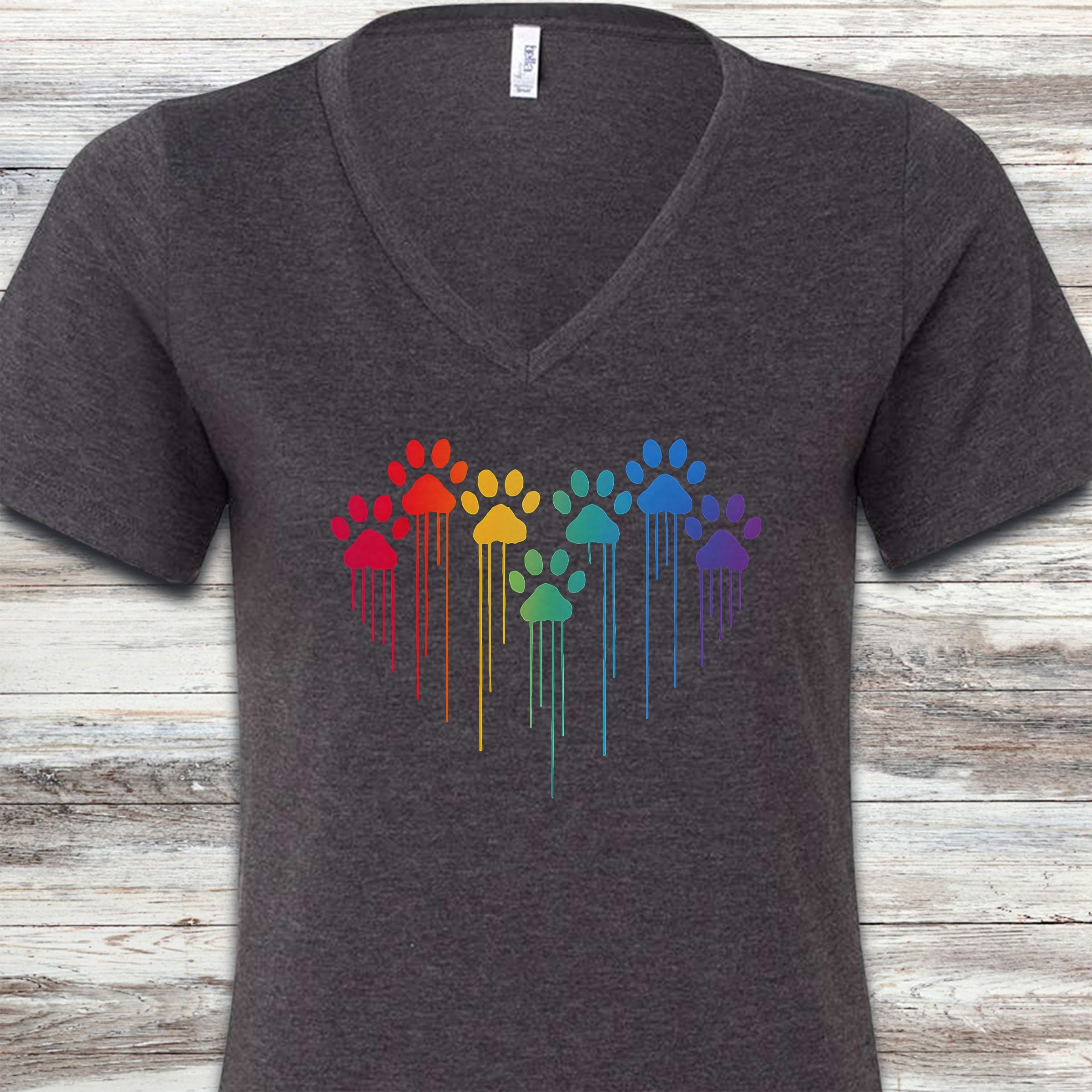 Rainbow Heart Prints V-Neck Tee - Dark Grey Heather
