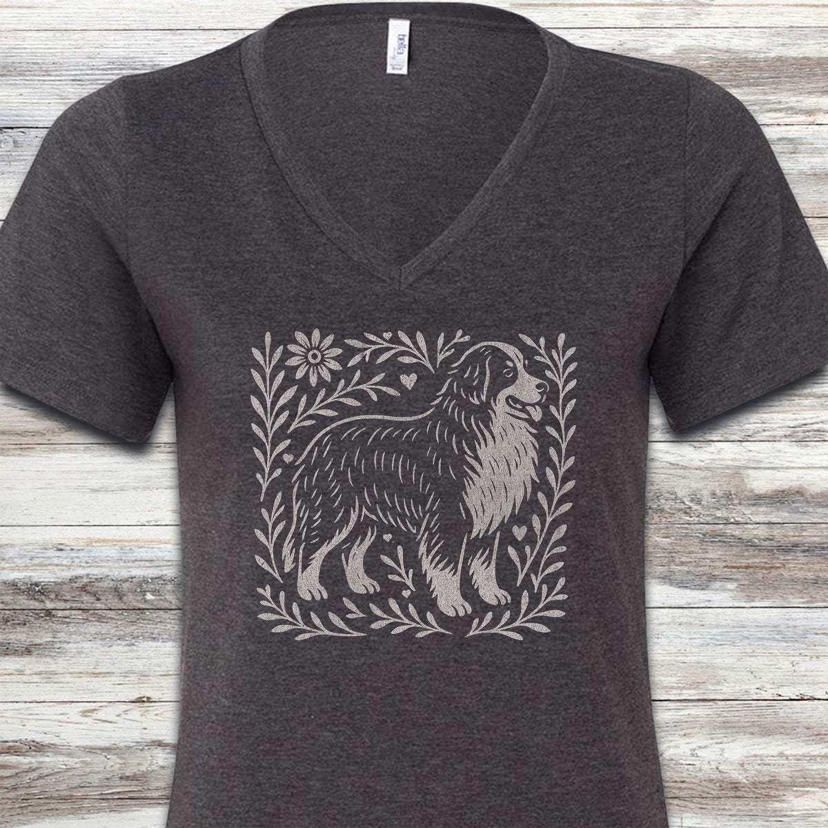 Bernese Mountain Dog Linocut V-Neck Tee - Dark Grey Heather