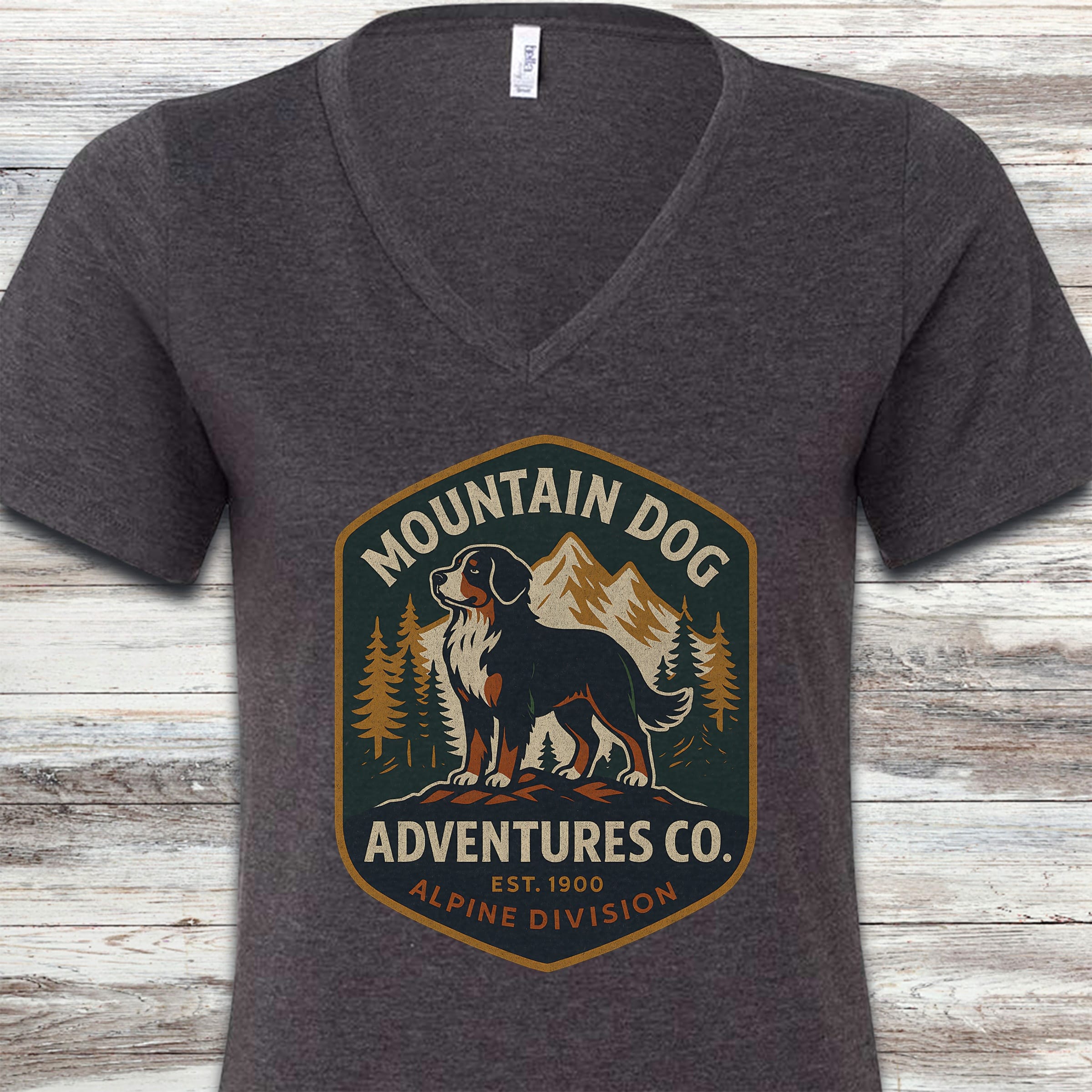Bernese Mountain Dog Adventures V-Neck Tee - Dark Grey Heather