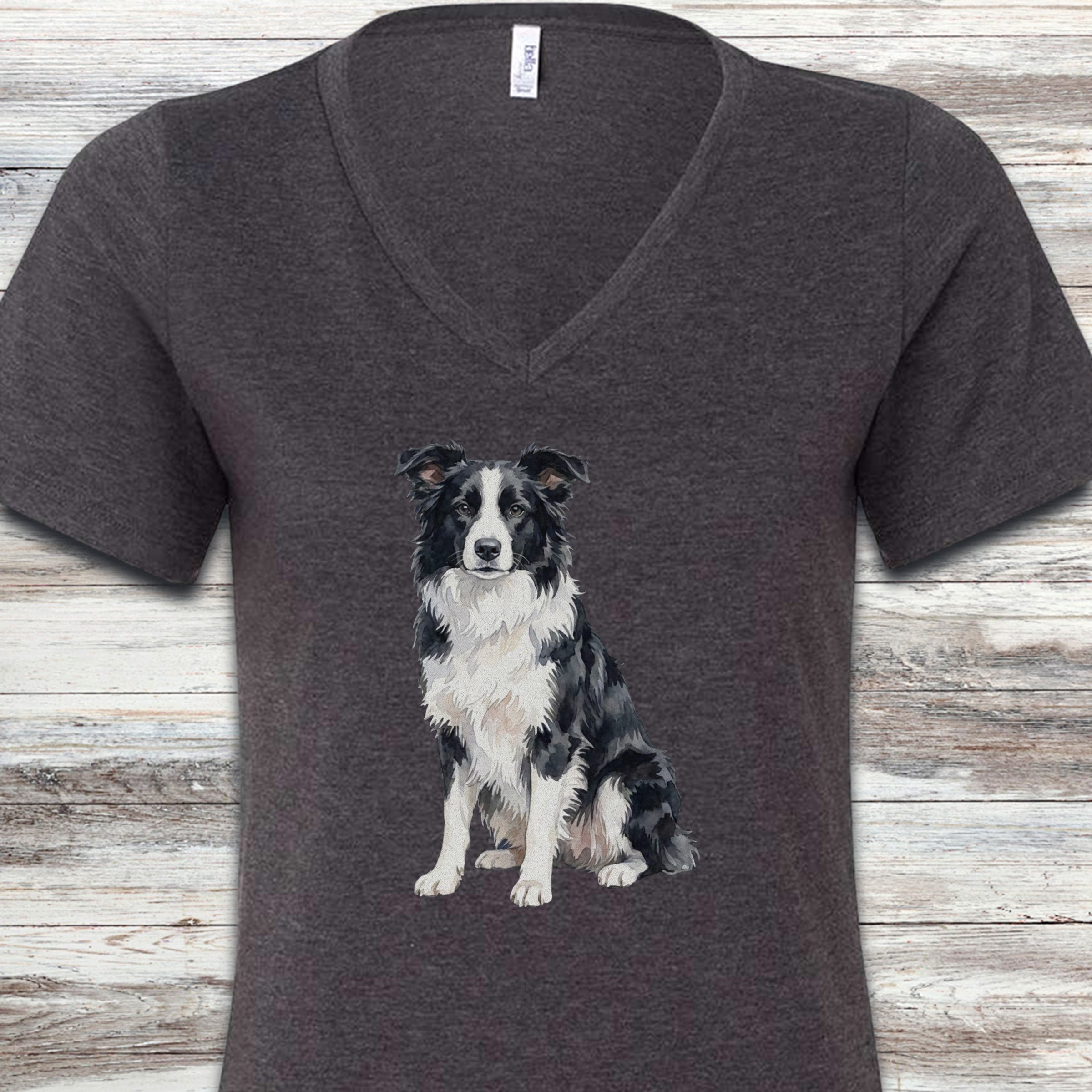 Border Collie Watercolor V-Neck Tee - Dark Grey Heather