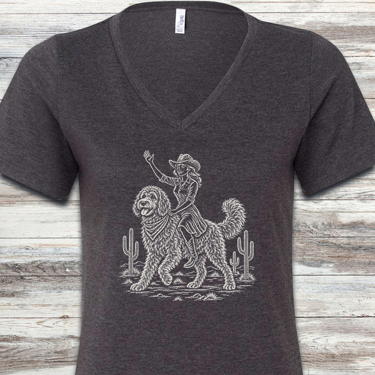 Doodle Cowgirl V-Neck Tee - Dark Grey Heather