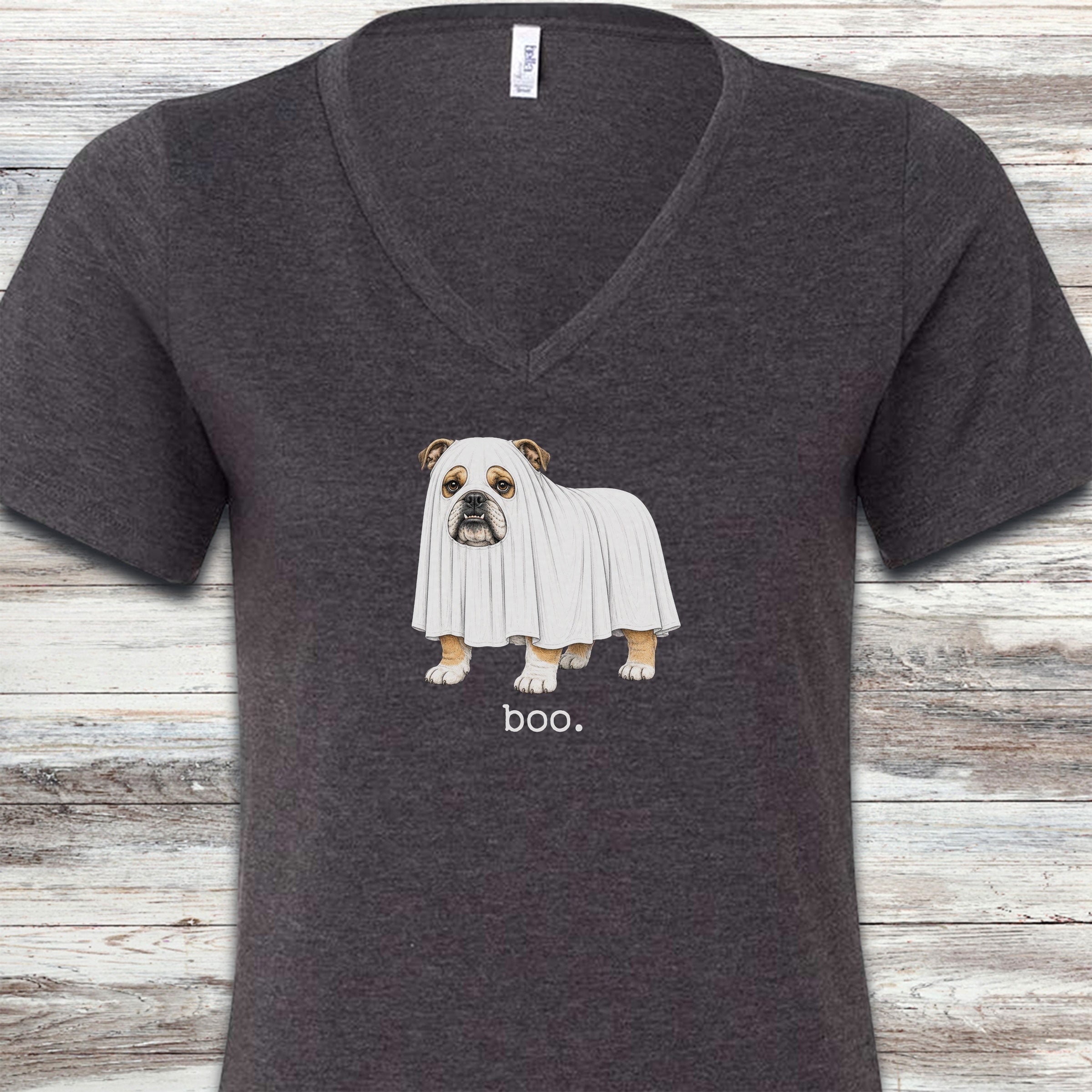 English Bulldog Boo V-Neck Tee - Dark Grey Heather