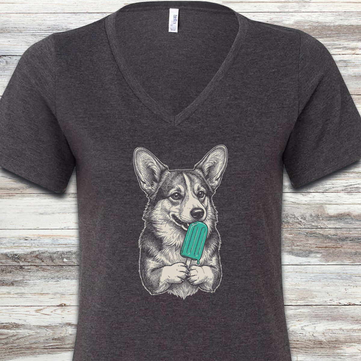 Corgi Pupsicle V-Neck Tee - Dark Grey Heather