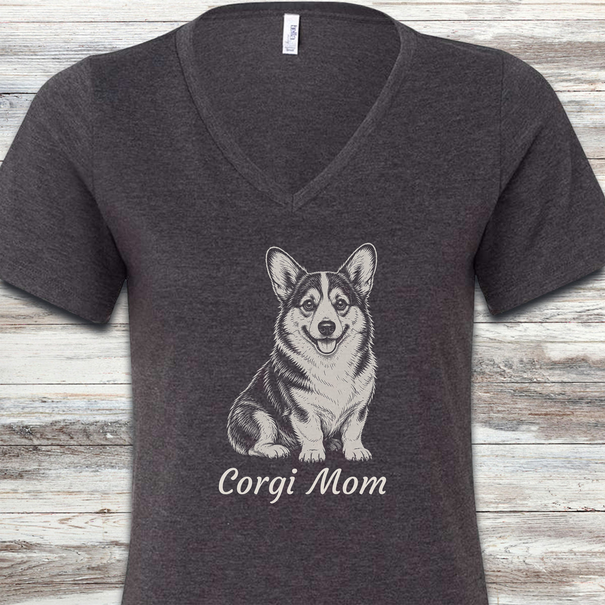 Corgi Mom Portrait V-Neck Tee - Dark Grey Heather