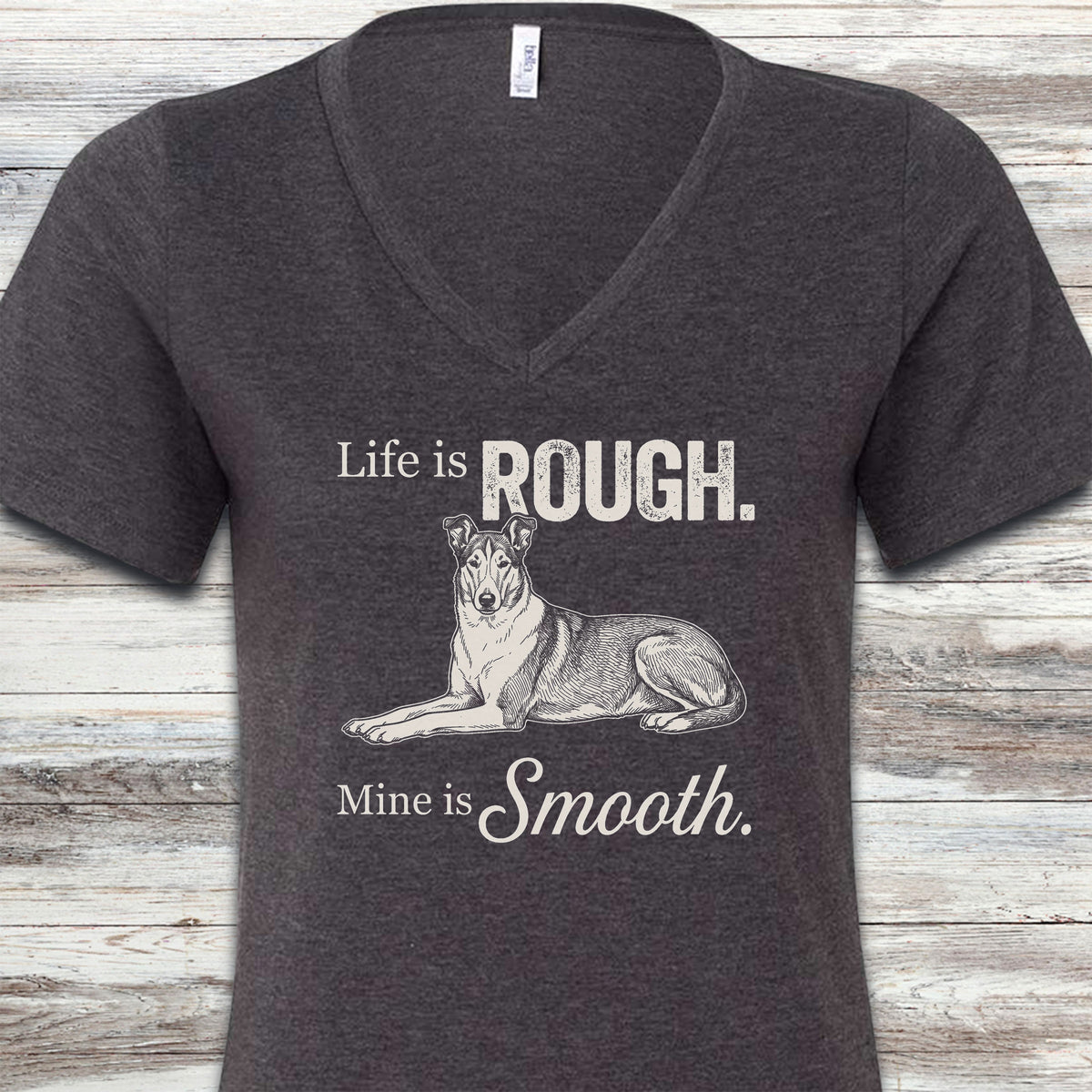 Smooth Collie Rough Life V-Neck Tee - Dark Grey Heather