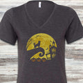 Husky Halloween Moon V-Neck Tee - Dark Grey Heather