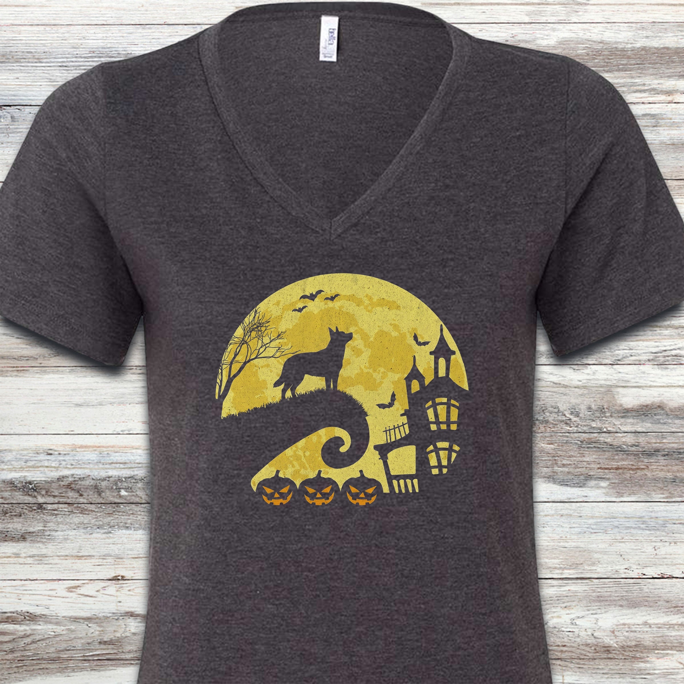 Australian Cattle Dog Halloween Moon V-Neck Tee - Dark Grey Heather