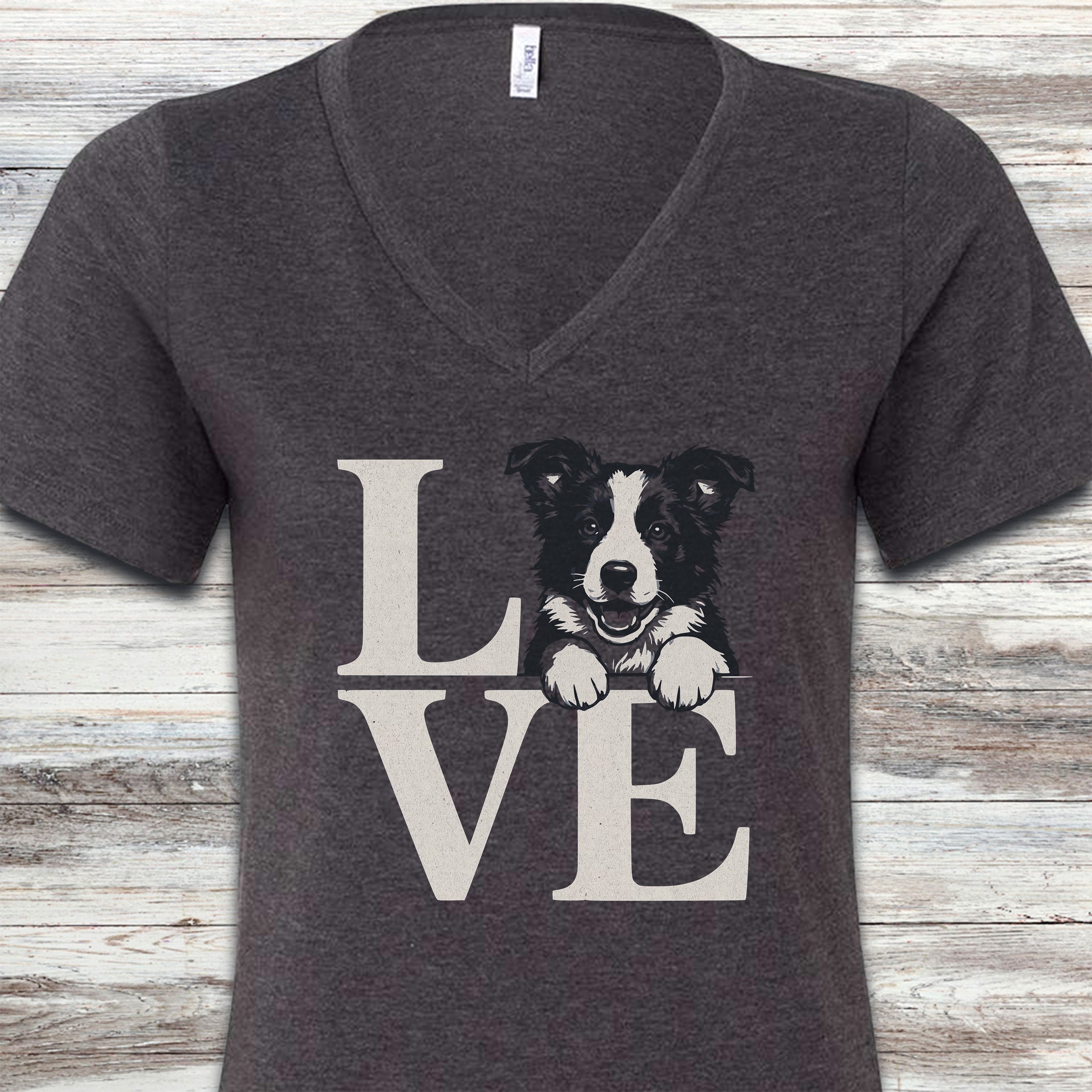 Border Collie Puppy Love V-Neck Tee - Dark Grey Heather