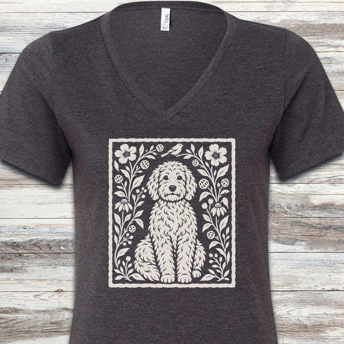 Doodle Folk Art Floral V-Neck Tee - Dark Grey Heather