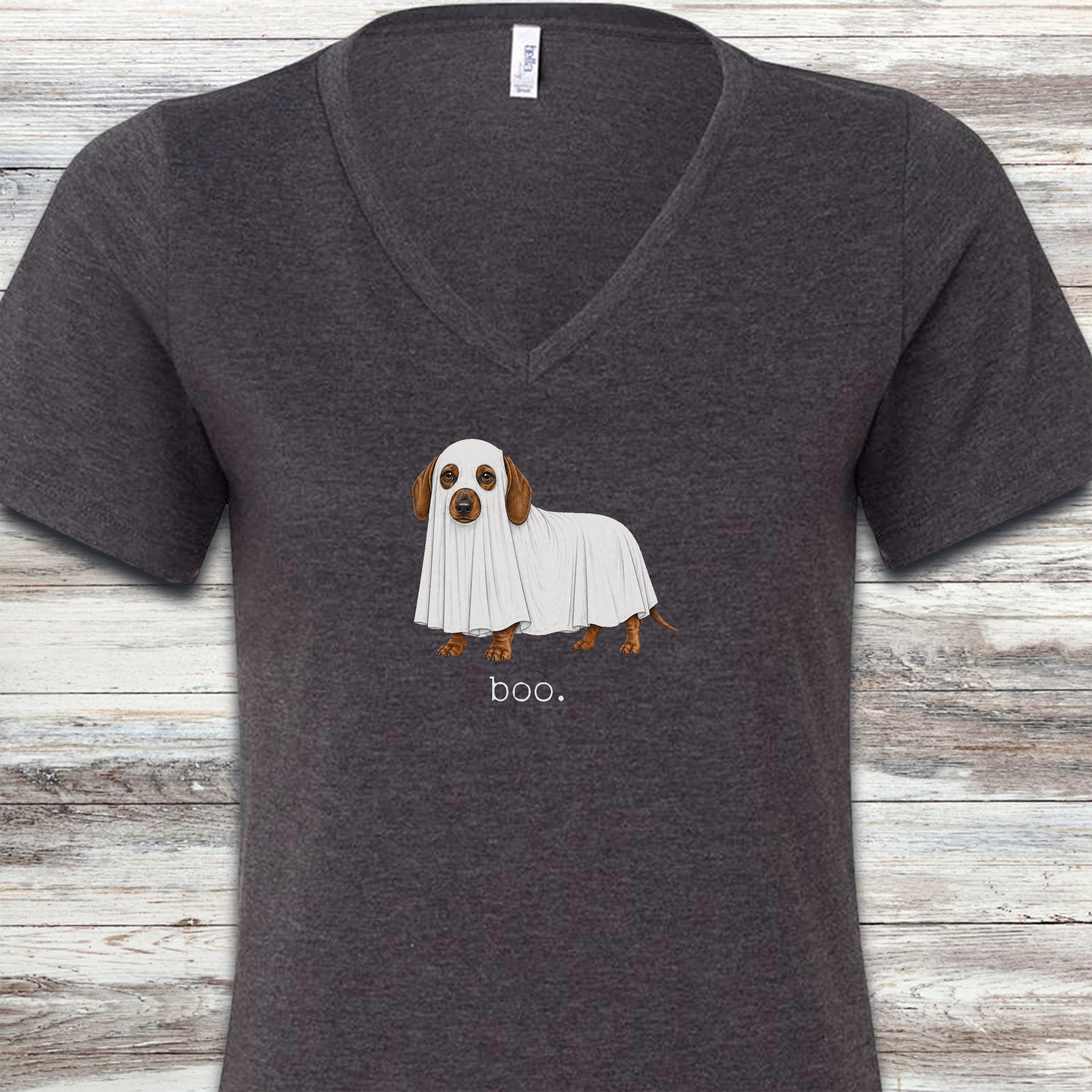 Dachshund Boo V-Neck Tee - Dark Grey Heather