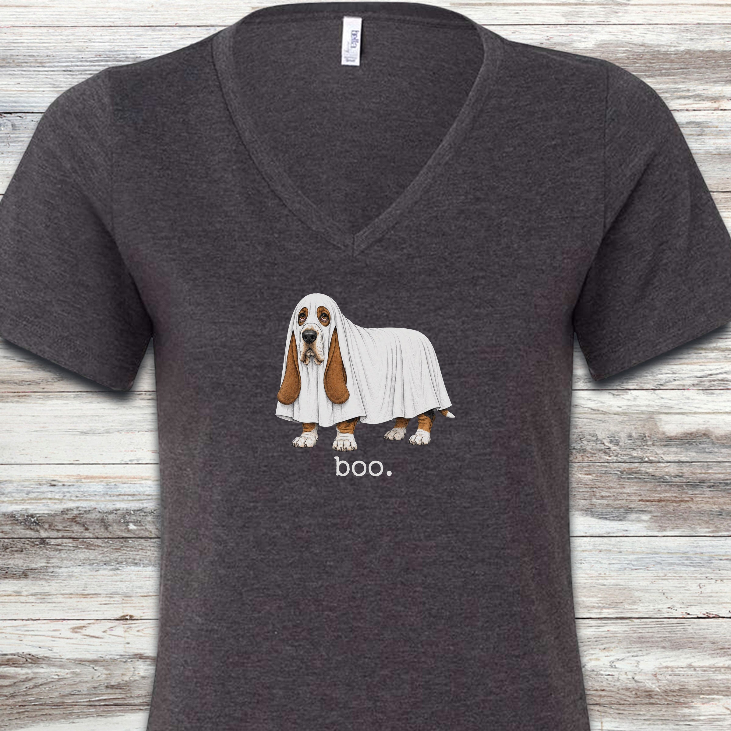 Basset Hound Boo V-Neck Tee - Dark Grey Heather