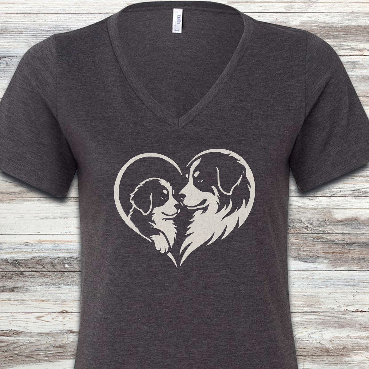 Bernese Mountain Dog Heart Bond V-Neck Tee - Dark Grey Heather