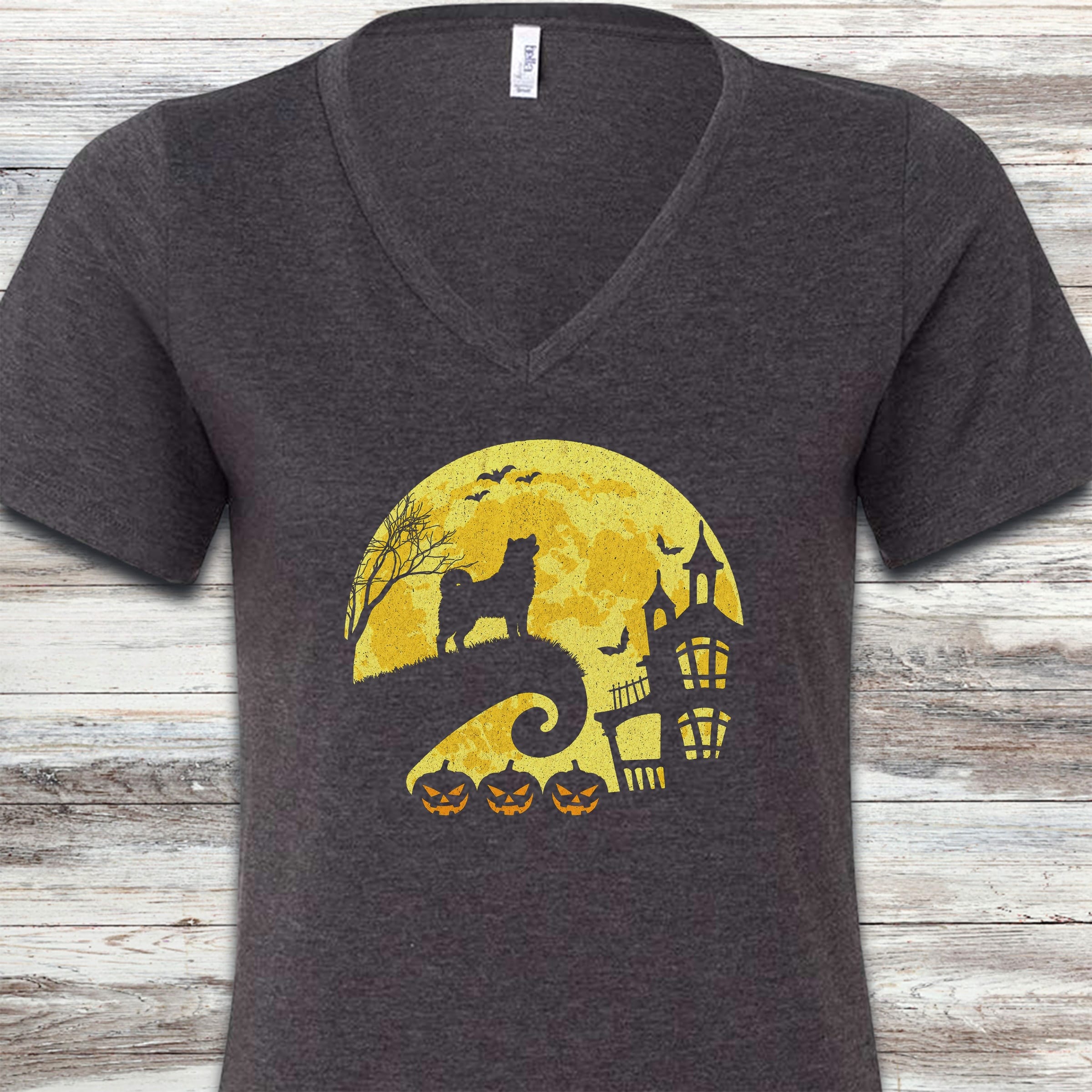 Akita Halloween Moon V-Neck Tee - Dark Grey Heather
