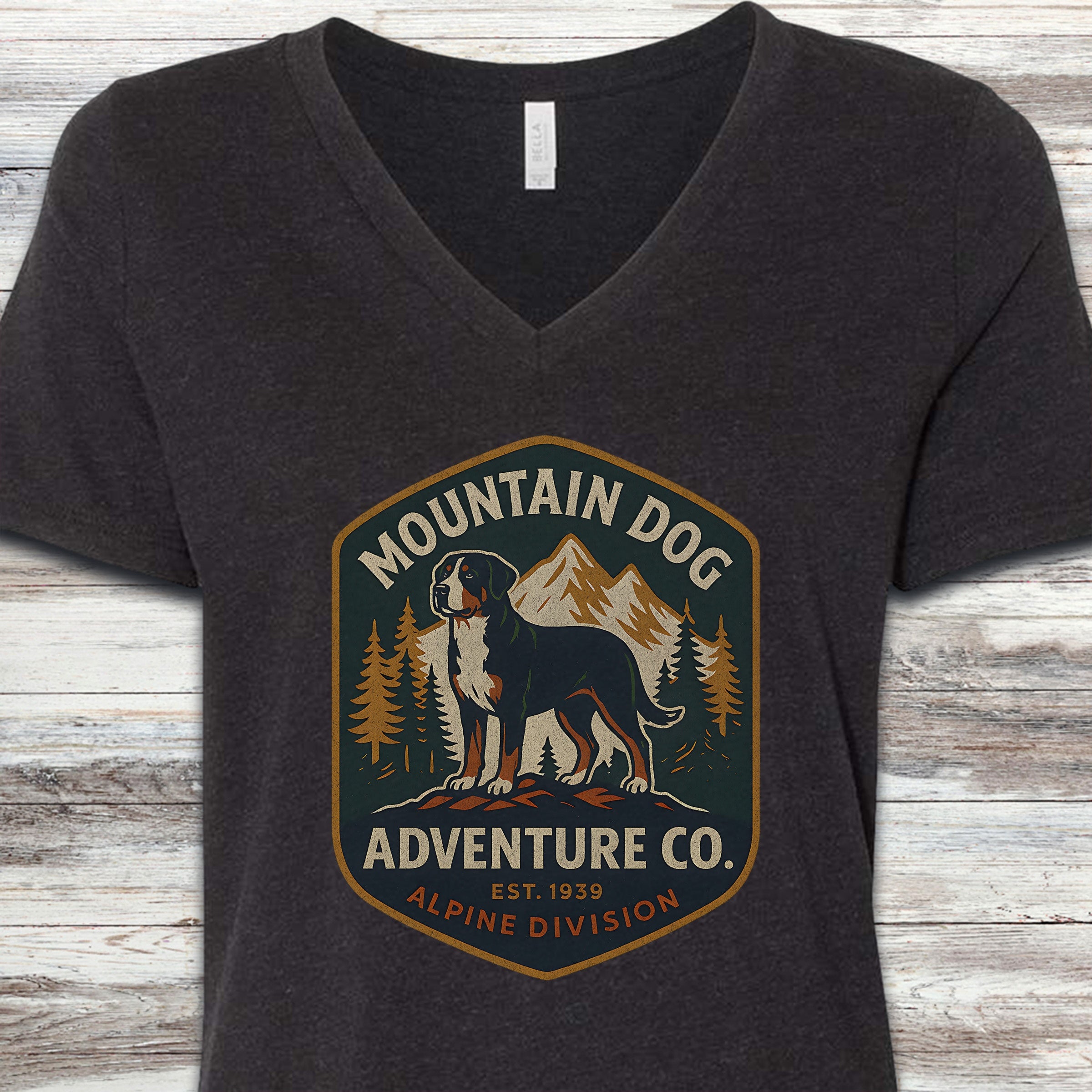 Swiss Mountain Dog Adventure Co V-Neck Tee - Black Heather