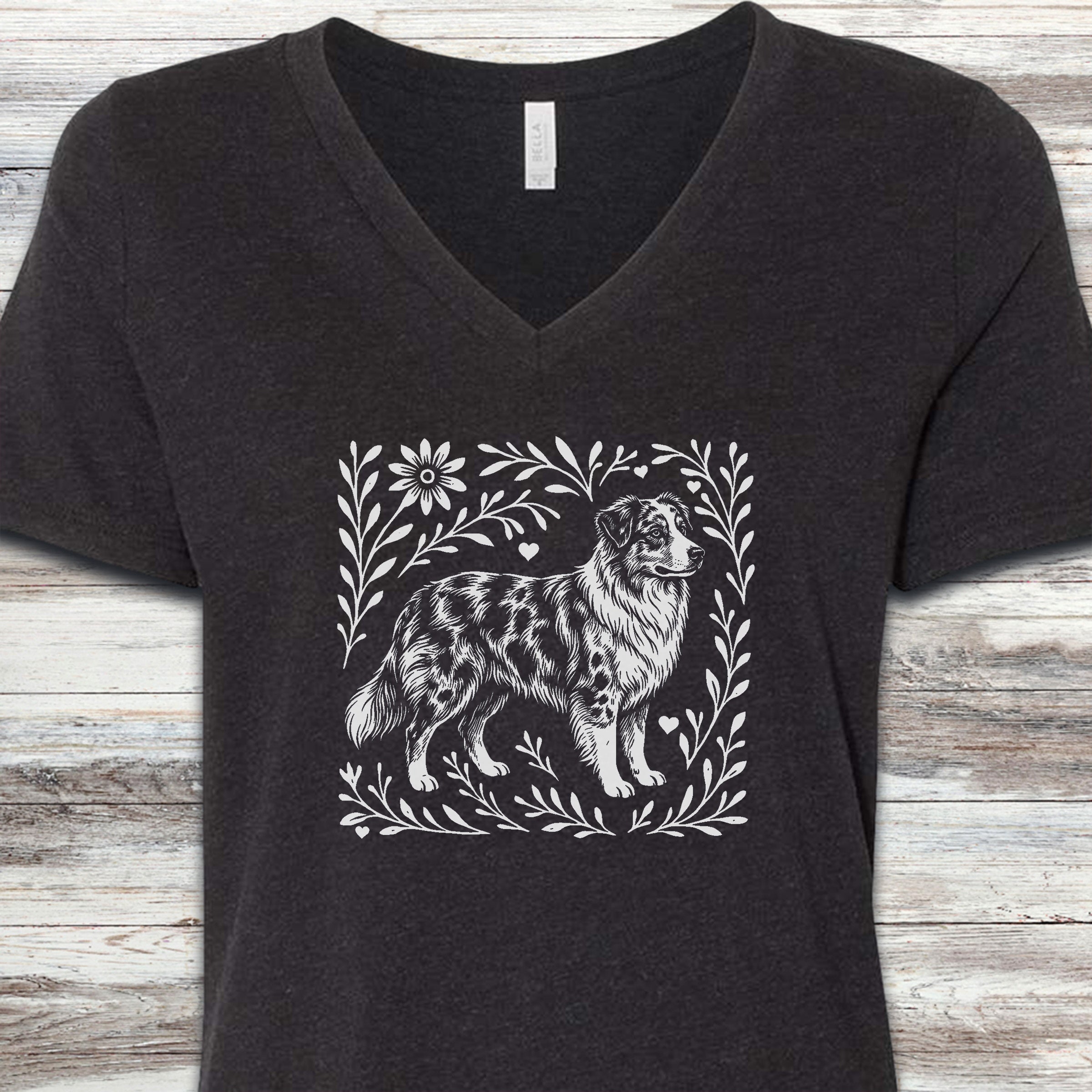 Australian Shepherd Merle Linocut V-Neck Tee - Black Heather