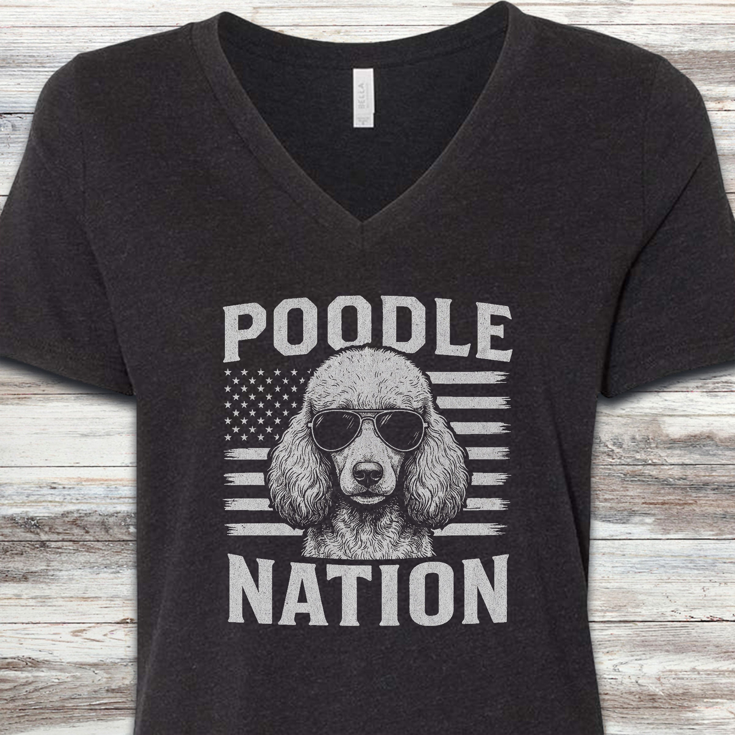 Poodle Nation V-Neck Tee - Black Heather