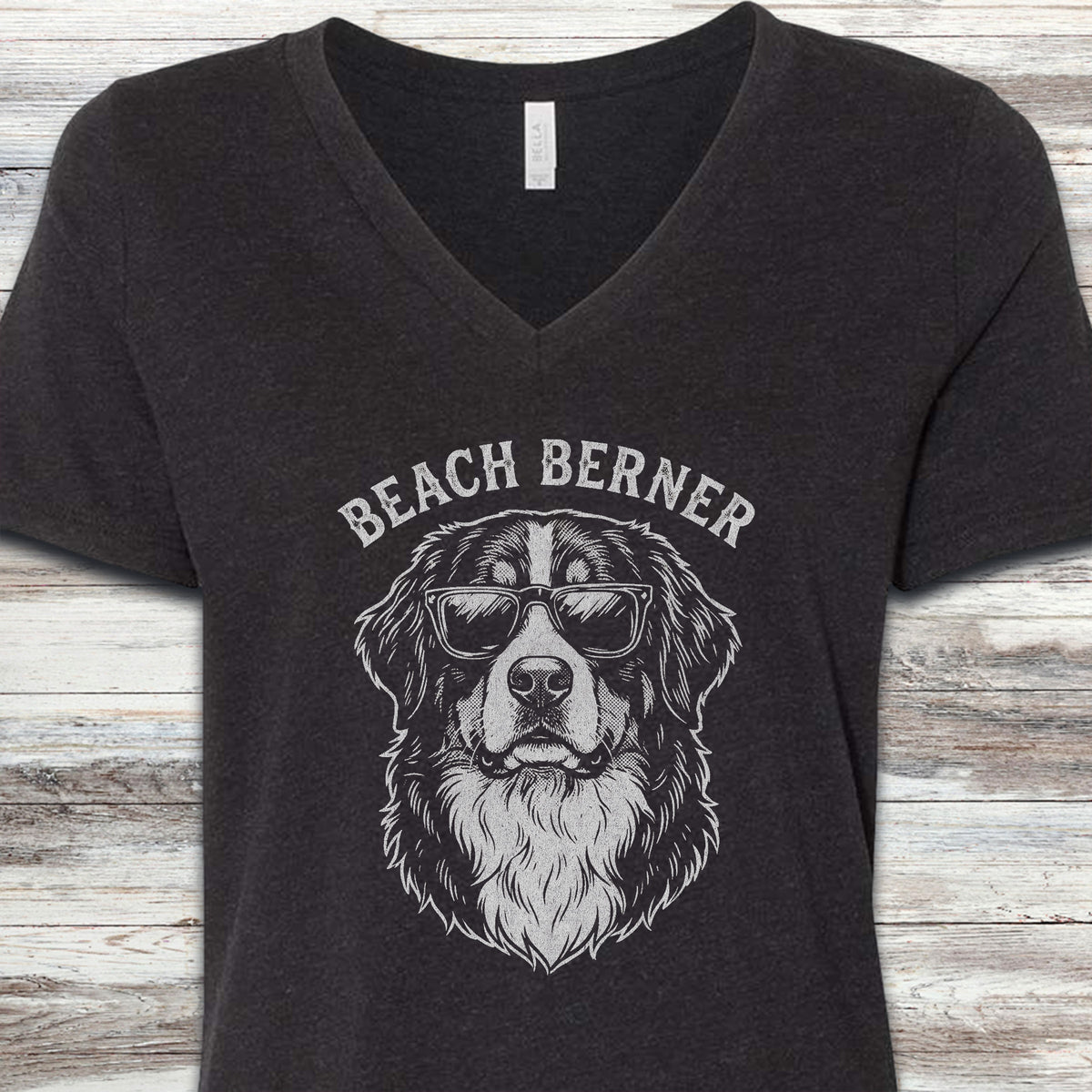Bernese Mountain Dog Beach Berner V-Neck Tee - Black Heather