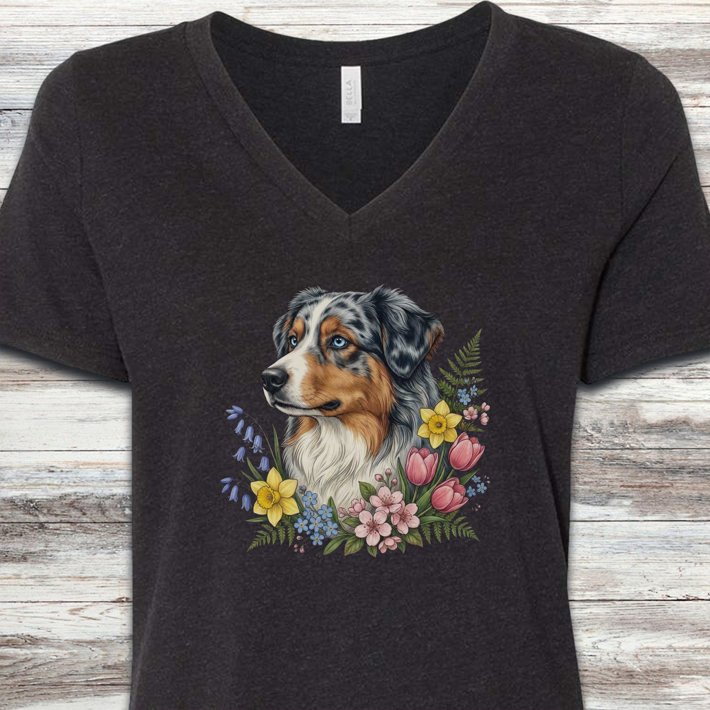 Australian Shepherd Merle Blue Eyes Portrait V-Neck Tee - Black Heather