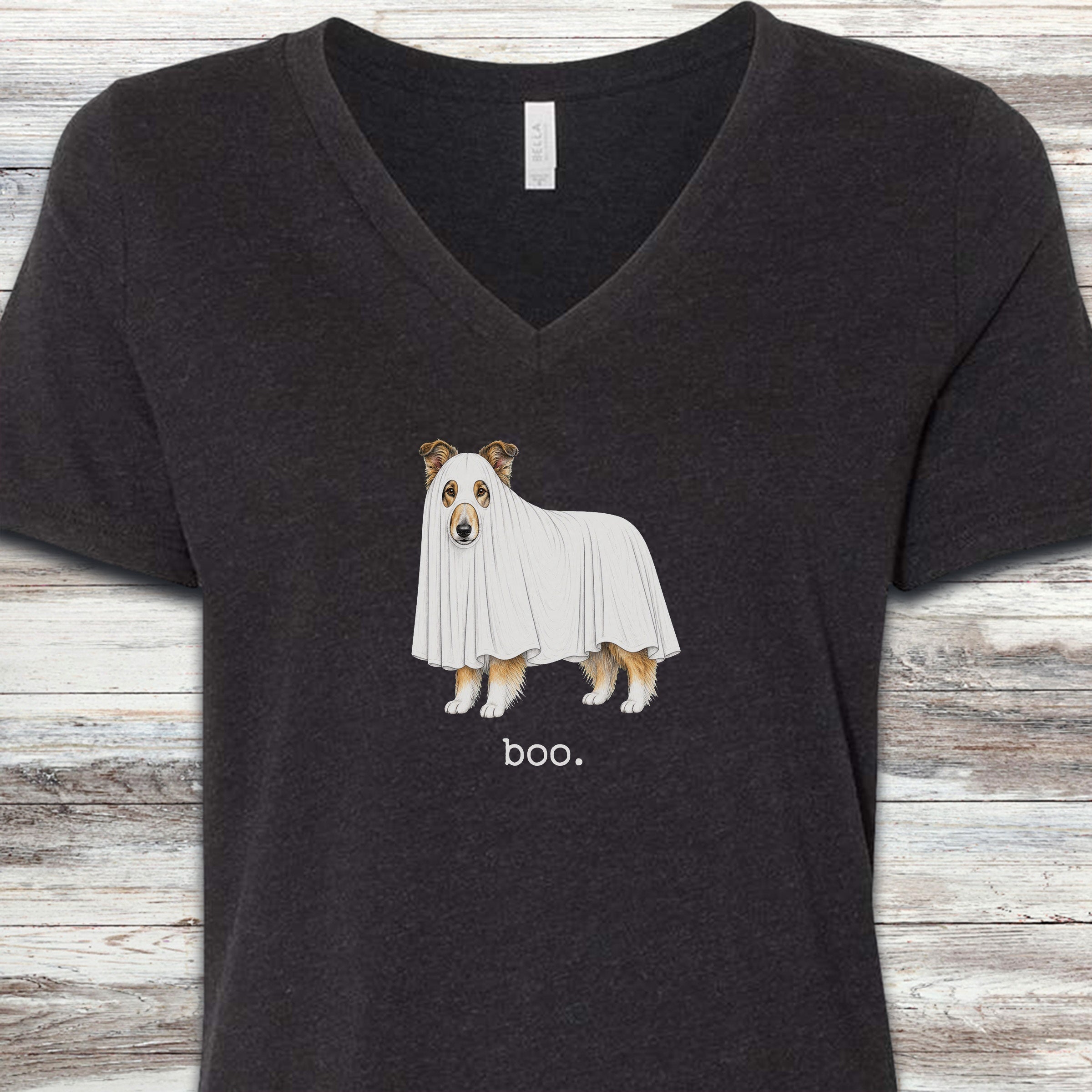 Rough Collie Boo V-Neck Tee - Black Heather