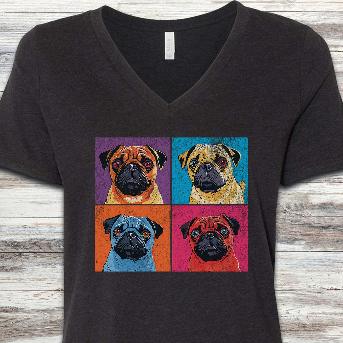 Pug Pop Art V-Neck Tee - Black Heather