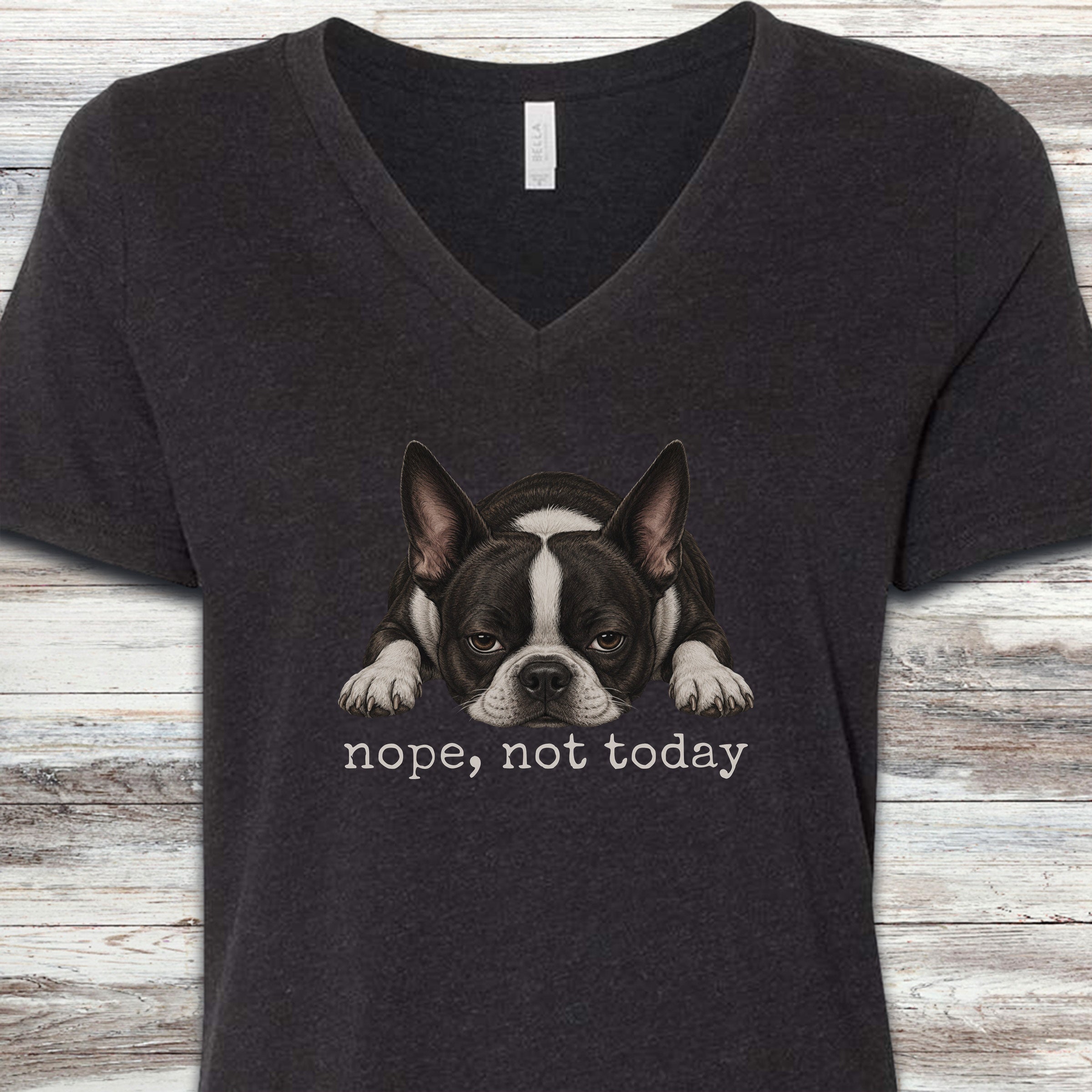 Boston Terrier Nope V-Neck Tee - Black Heather
