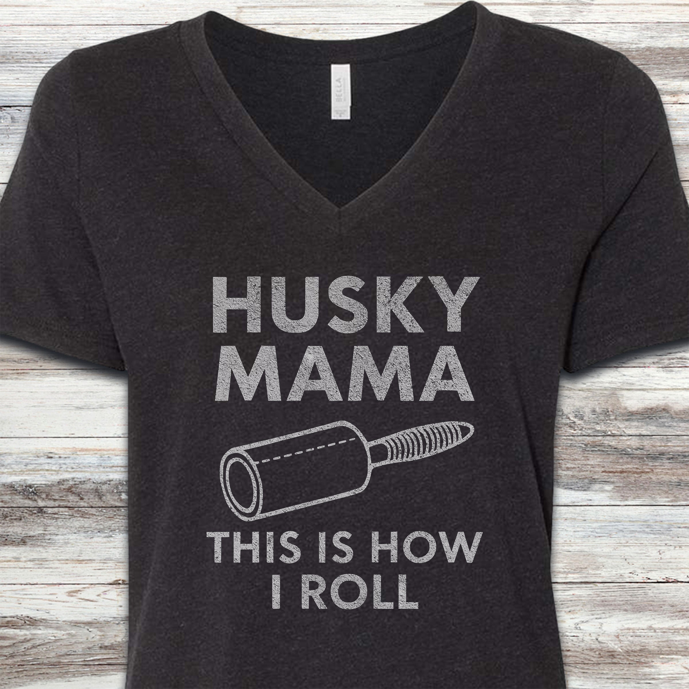 Husky Mama Roll V-Neck Tee - Black Heather