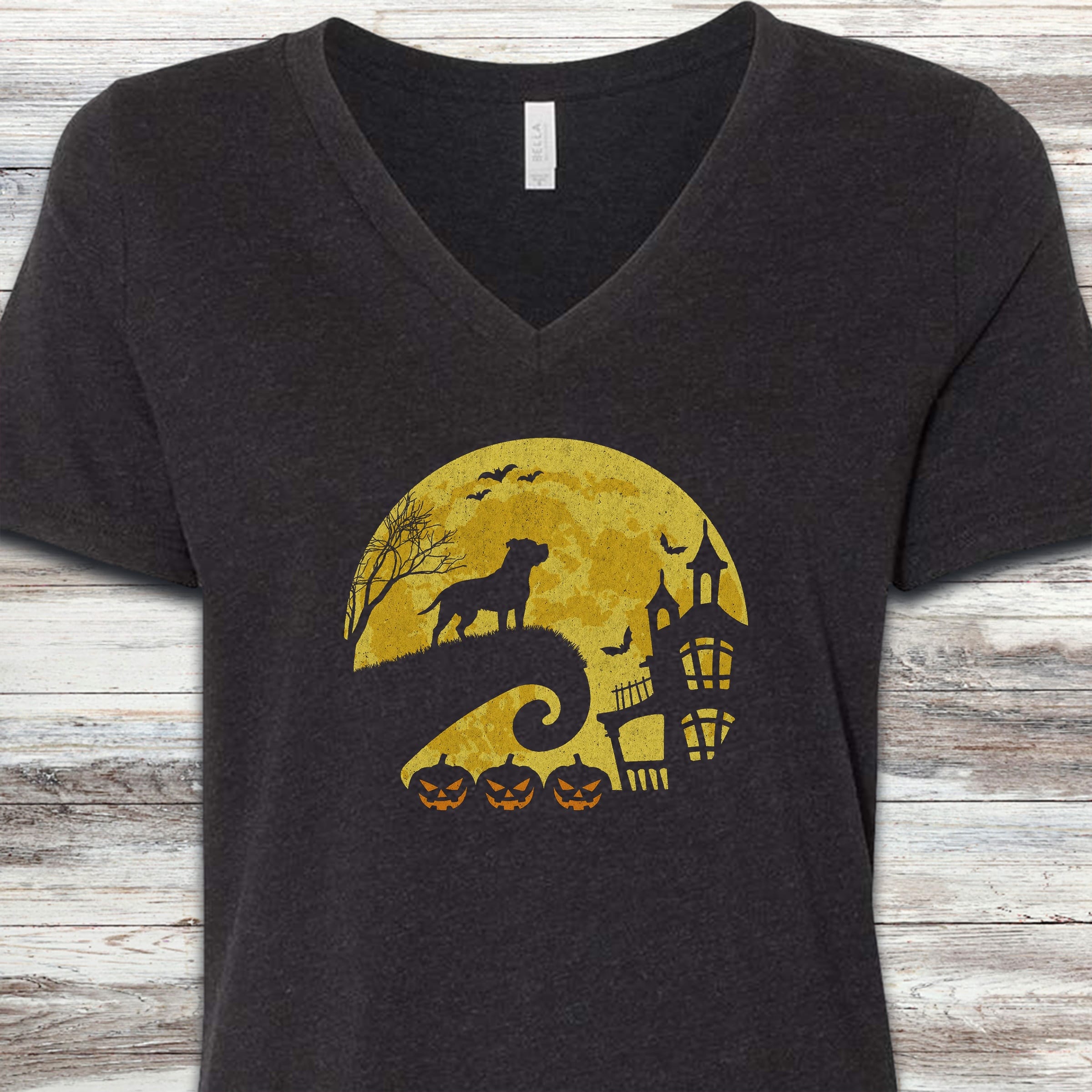 Pit Bull Halloween Moon V-Neck Tee - Black Heather