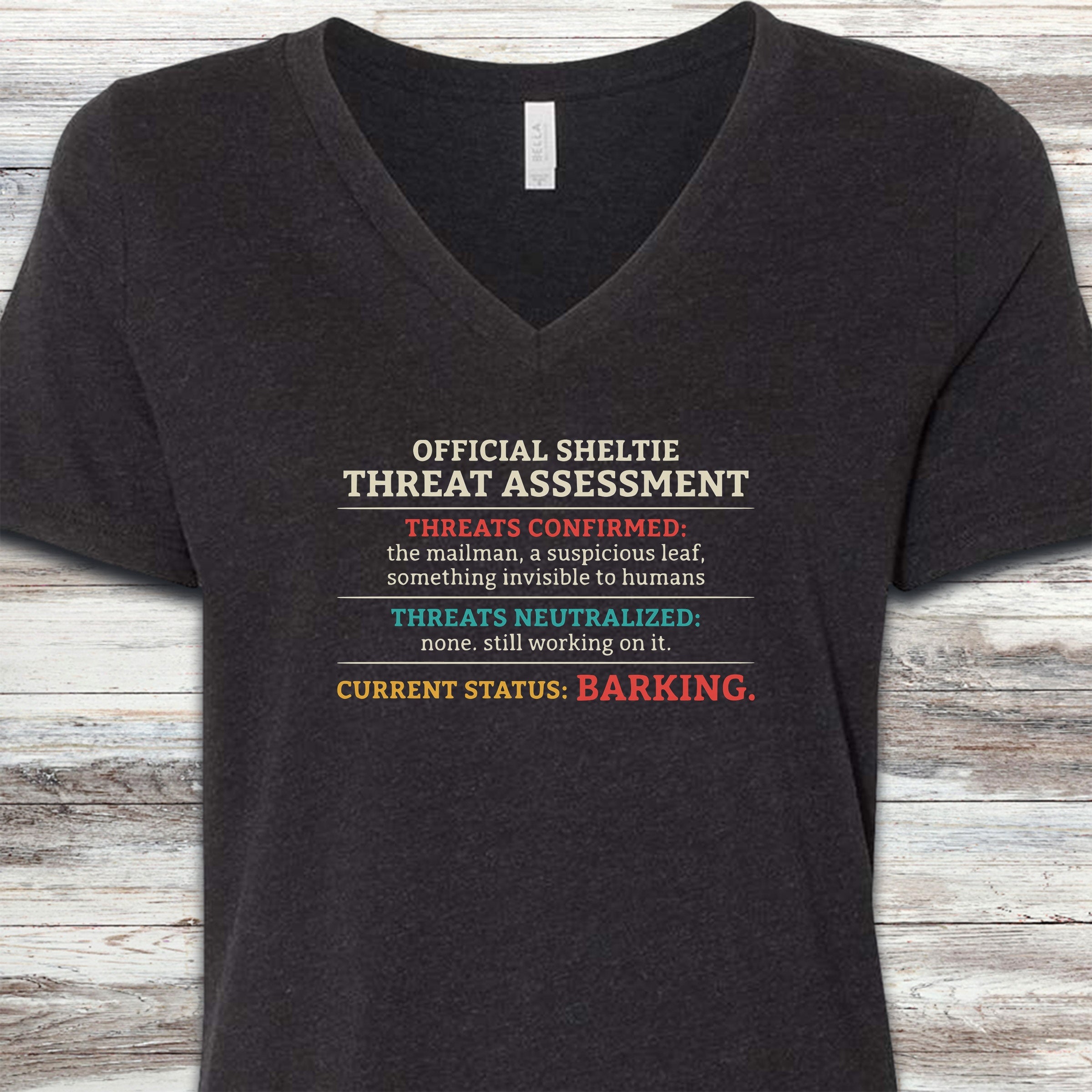 Shetland Sheepdog Threat Assessment V-Neck Tee - Black Heather