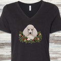 Poodle White Winter Greenery Faux Embroidery V-Neck Tee - Black Heather