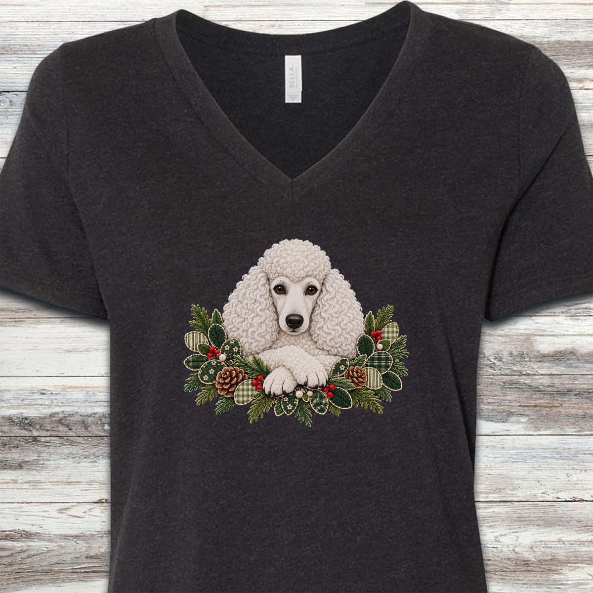 Poodle White Winter Greenery Faux Embroidery V-Neck Tee - Black Heather