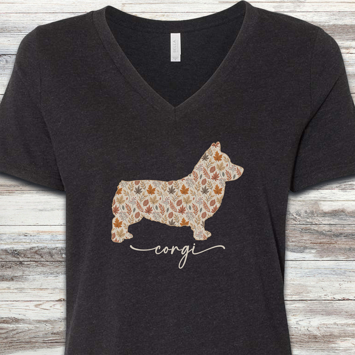Corgi Fall V-Neck Tee - Black Heather