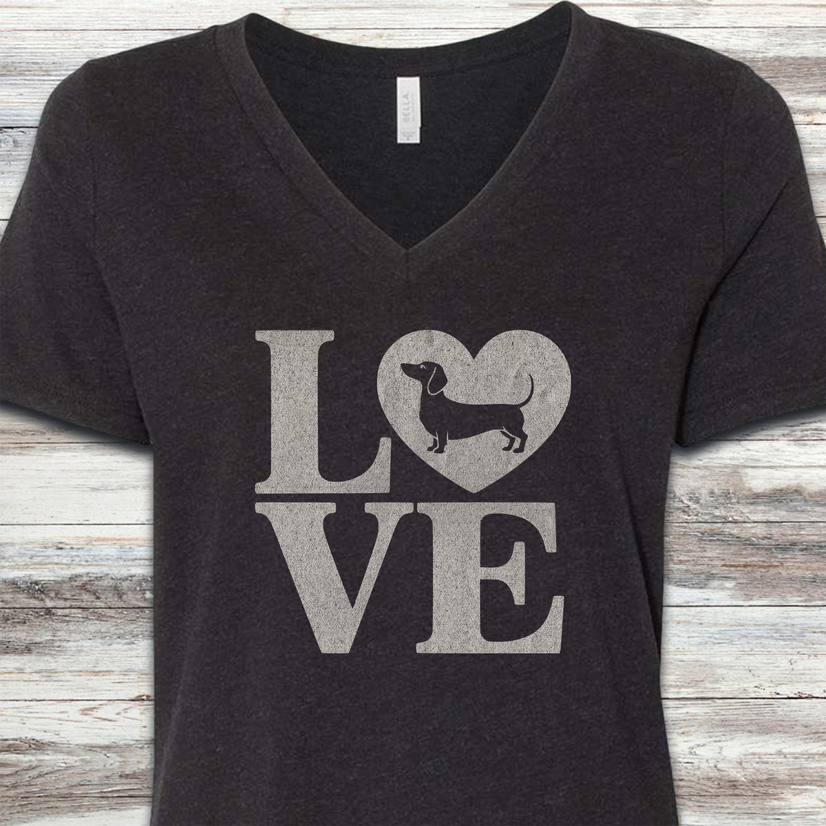 Dachshund Heart V-Neck Tee - Black Heather