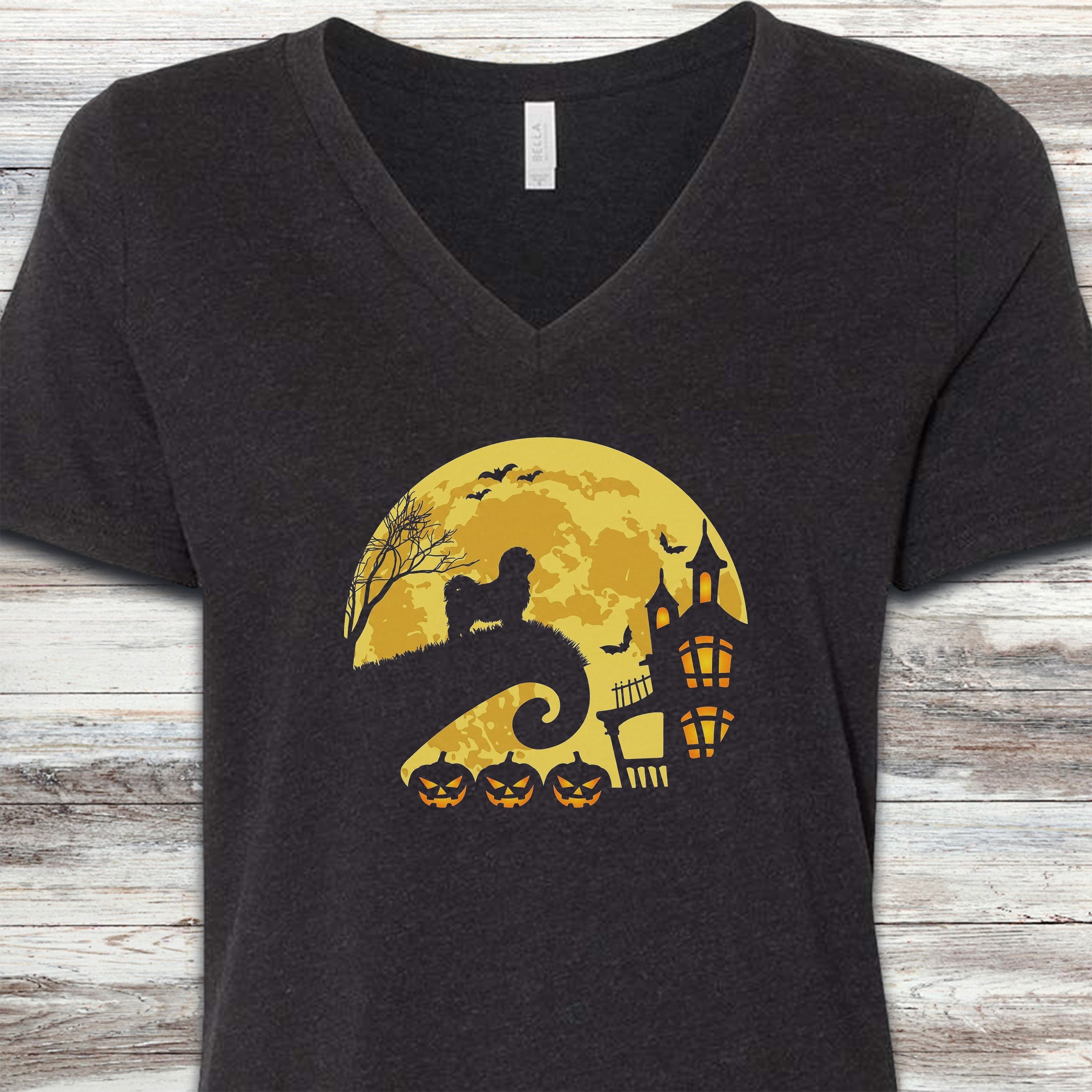 Shih Tzu Halloween Moon V-Neck Tee - Black Heather