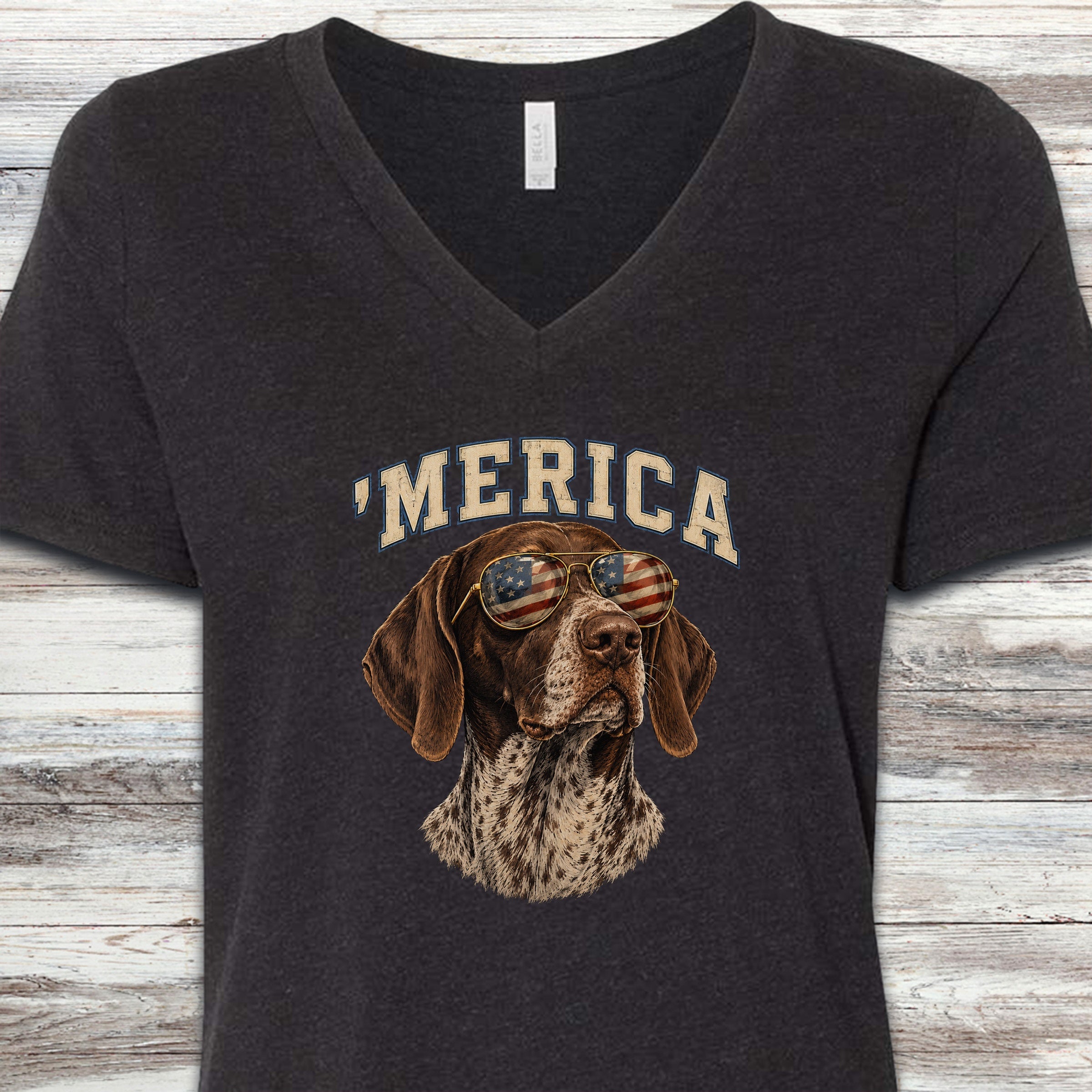German Shorthaired Pointer 'Merica V-Neck Tee - Black Heather