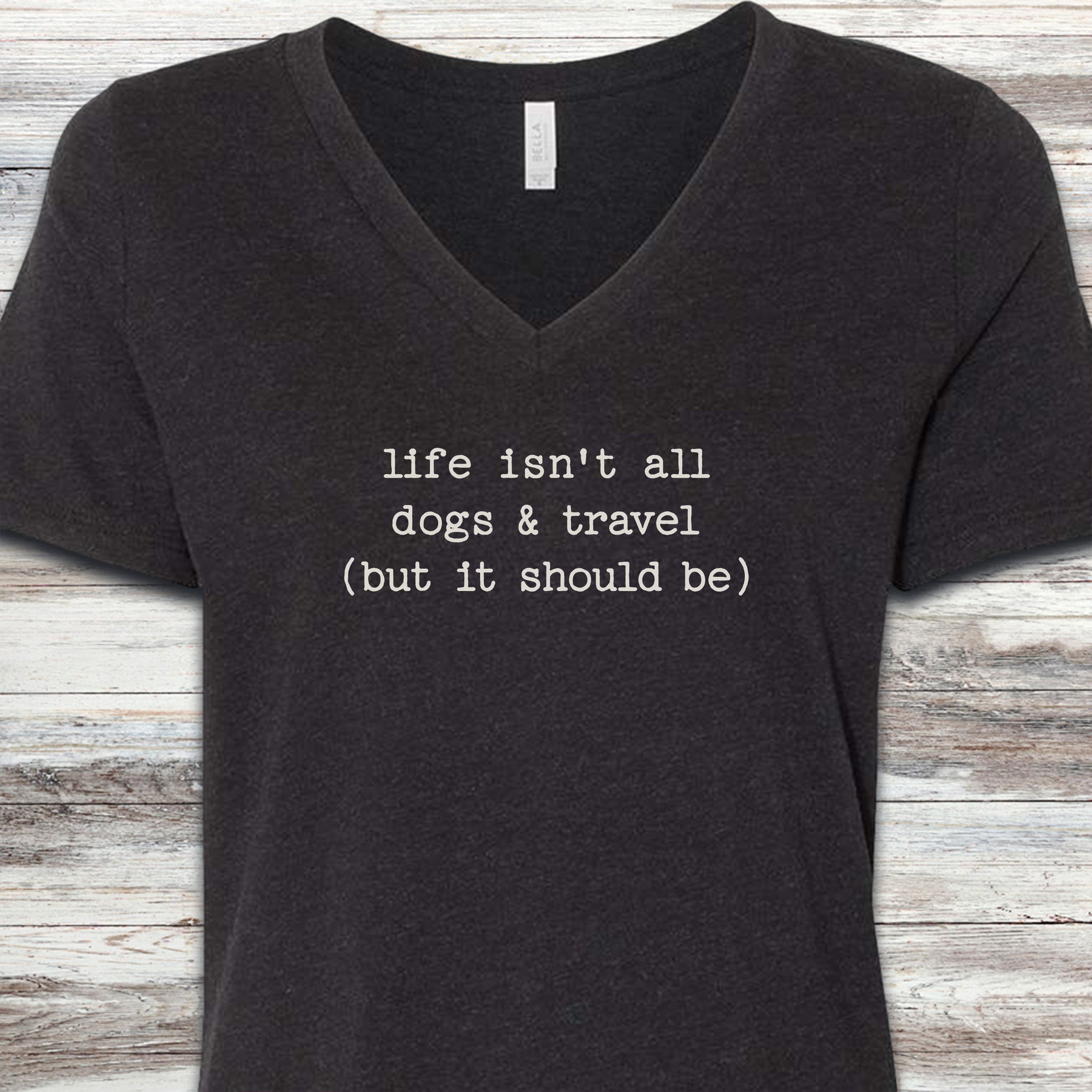 Dogs & Travel V-Neck Tee - Black Heather