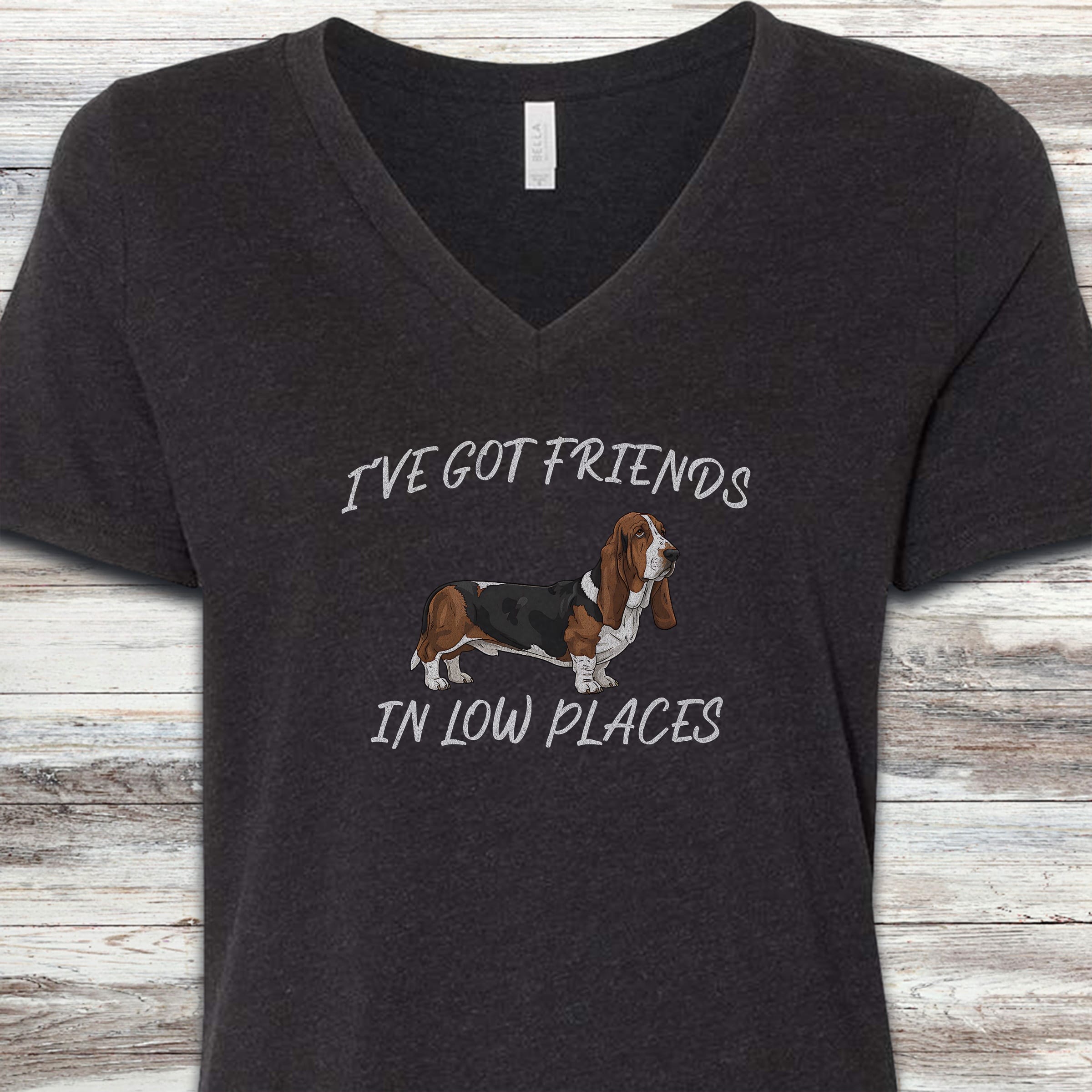 Basset Hound Low Places V-Neck Tee - Black Heather