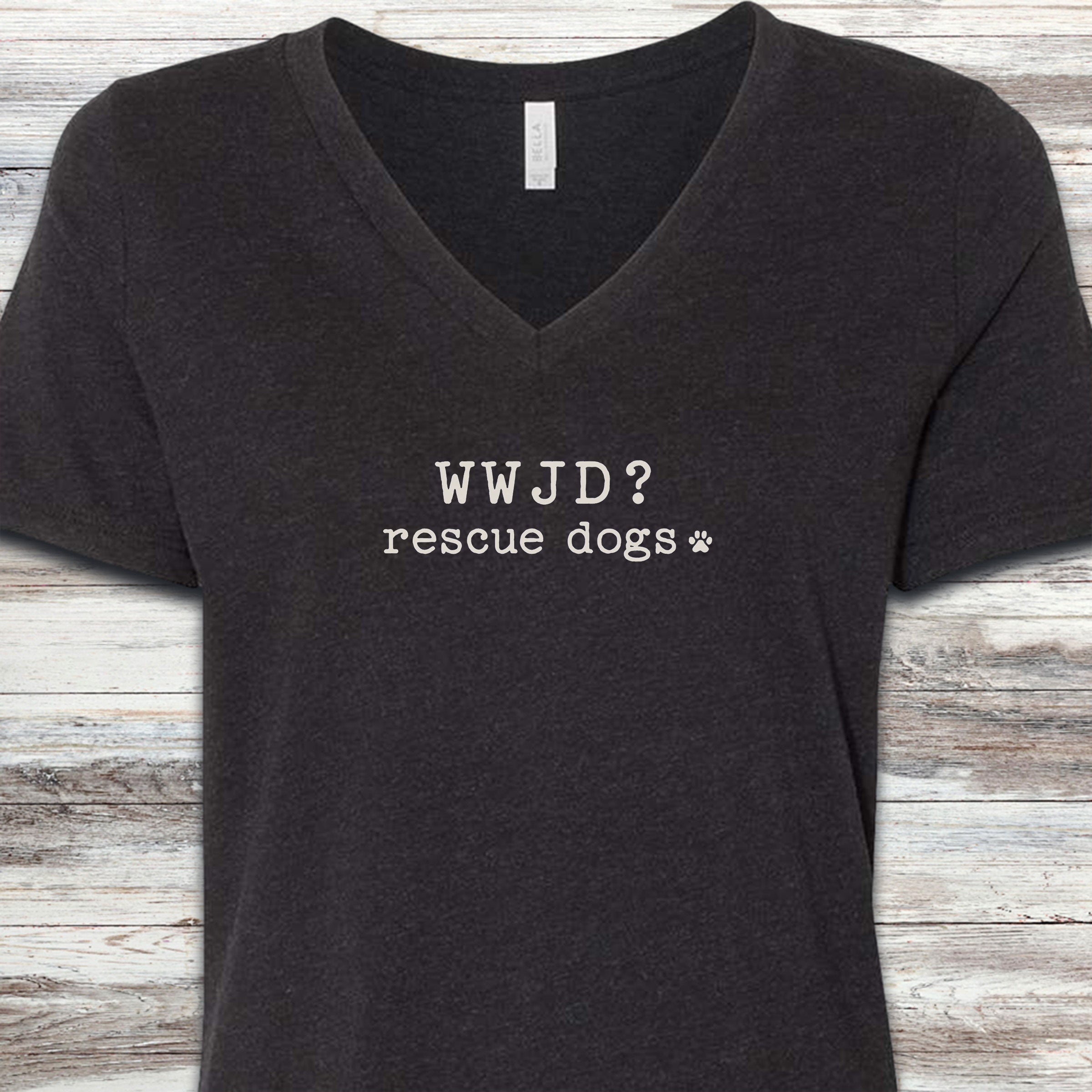 WWJD Rescue Dogs V-Neck Tee - Black Heather