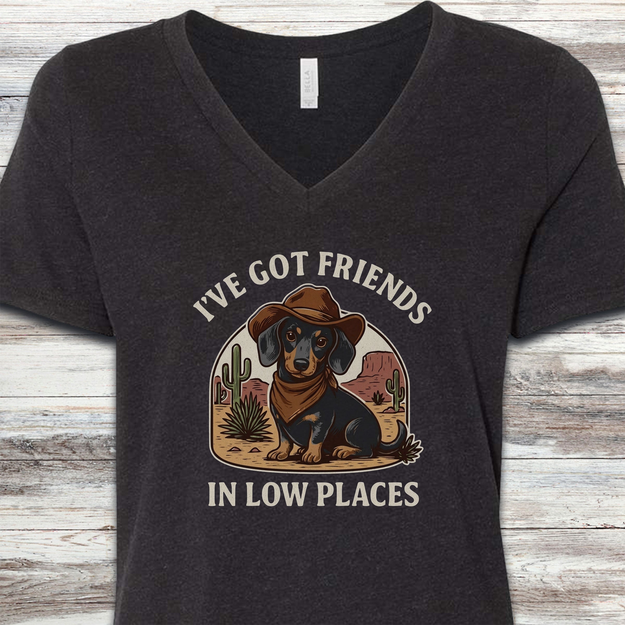 Dachshund Cowboy Friends V-Neck Tee - Black Heather